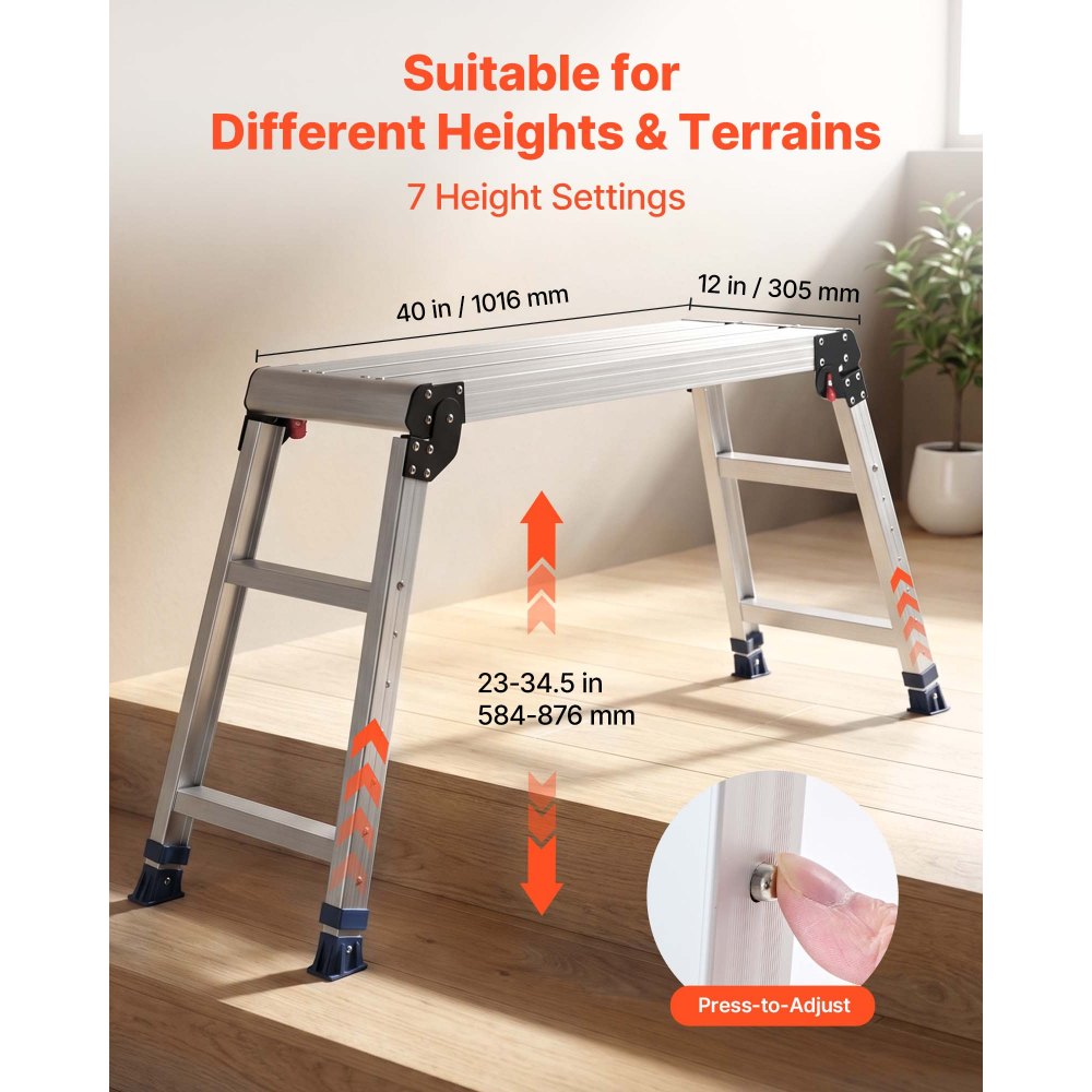 VEVOR Plataforma Plegable de Trabajo, Capacidad de 226,8 kg, Altura Ajustable de 584 a 876 mm, Escalera-Taburete de 1016 x 305 mm Antideslizante, Plegable, Portátil para Hogar, Mantenimiento y Pintura
