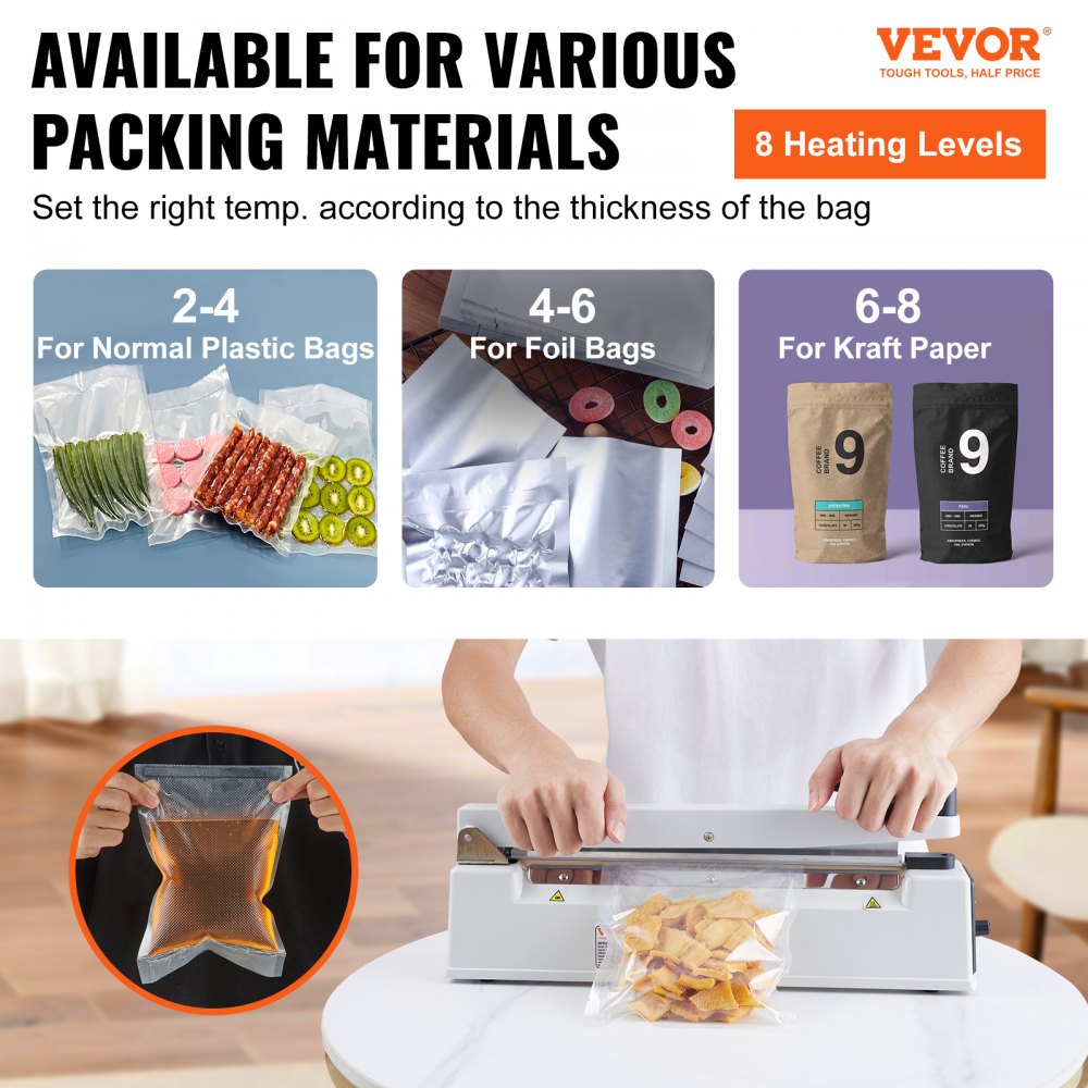 Selladora de impulsos VEVOR de 12 pulgadas, máquina de sellado térmico manual con modo de calentamiento ajustable, selladora de bolsas de aluminio retráctil para bolsas de plástico Mylar, PE, PP, selladora portátil de bolsas de polietileno con kit de reemplazo adicional