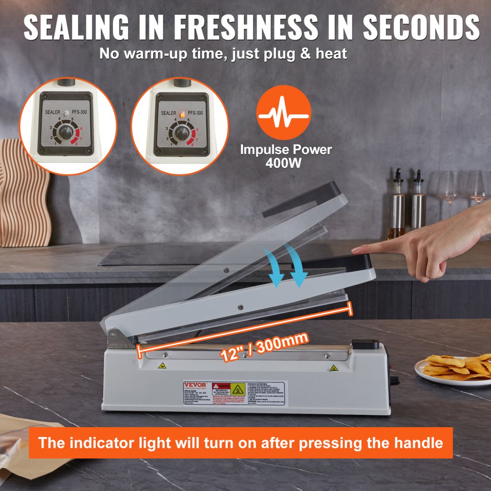 Selladora de impulsos VEVOR de 12 pulgadas, máquina de sellado térmico manual con modo de calentamiento ajustable, selladora de bolsas de aluminio retráctil para bolsas de plástico Mylar, PE, PP, selladora portátil de bolsas de polietileno con kit de reemplazo adicional