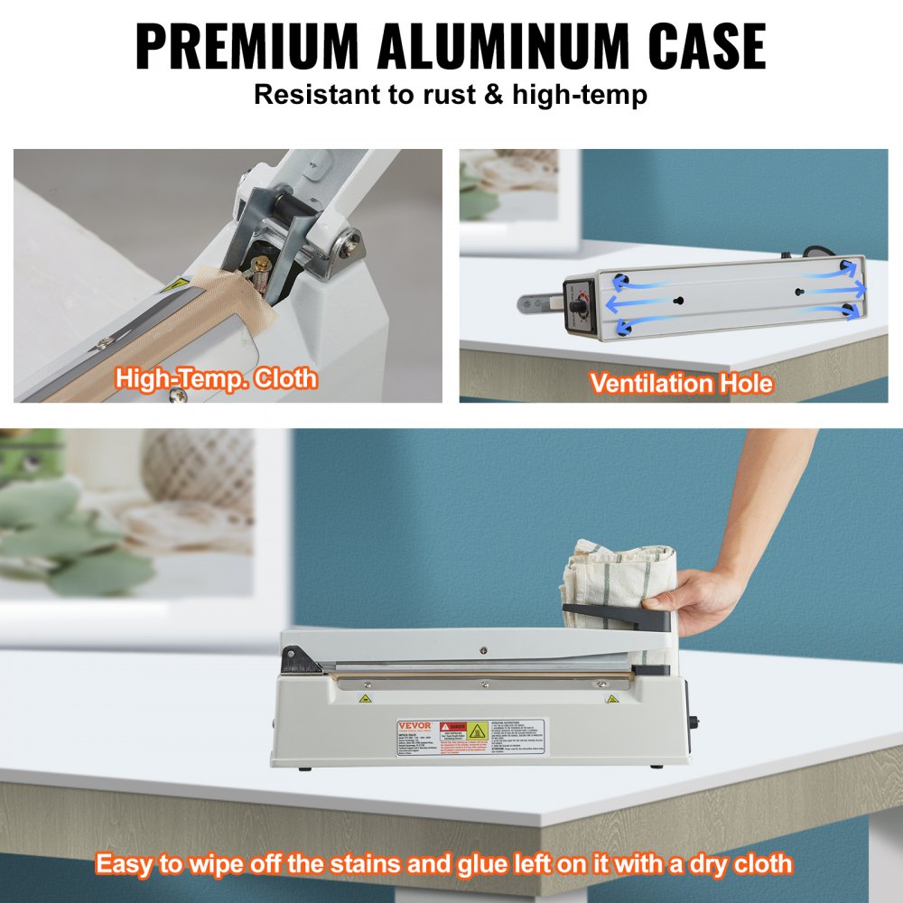 Selladora de impulsos VEVOR de 12 pulgadas, máquina de sellado térmico manual con modo de calentamiento ajustable, selladora de bolsas de aluminio retráctil para bolsas de plástico Mylar, PE, PP, selladora portátil de bolsas de polietileno con kit de reemplazo adicional