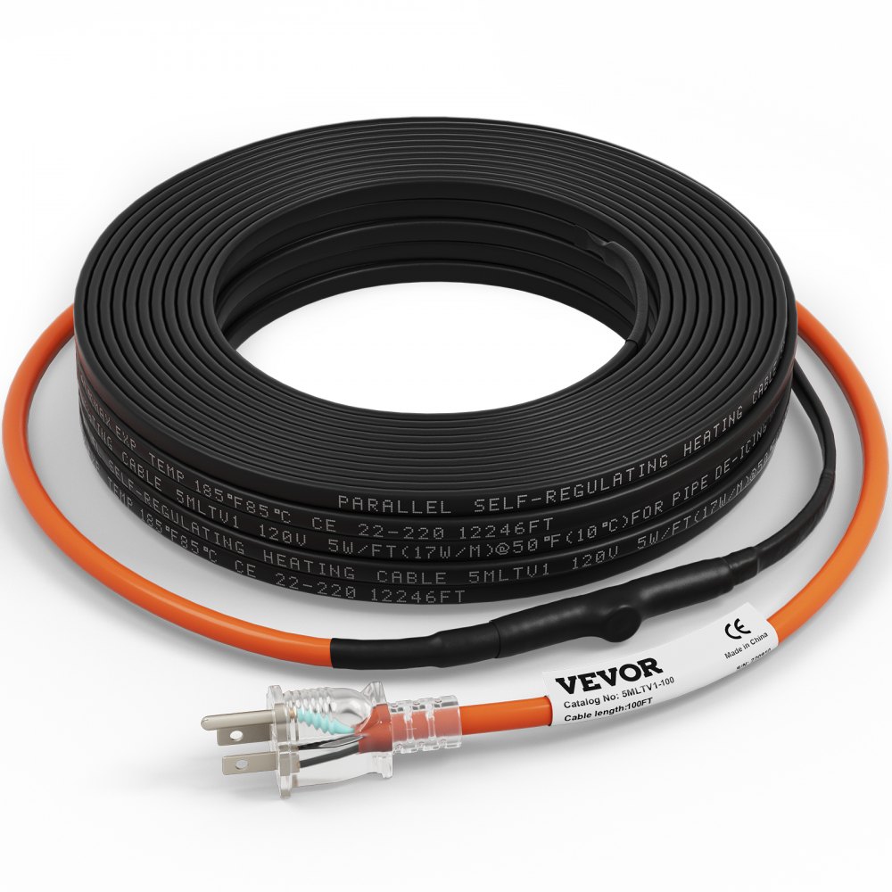 Cable calefactor para tuberías VEVOR, cable en espiral negro con enchufe naranja, diseñado para descongelar tuberías.