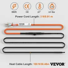 VEVOR Cable calefactor de tubería autorregulable, cinta térmica de 100 pies 5 W/pie para protección contra congelación de tuberías, protege mangueras de PVC, tuberías de metal y plástico de la congelación, 120 V