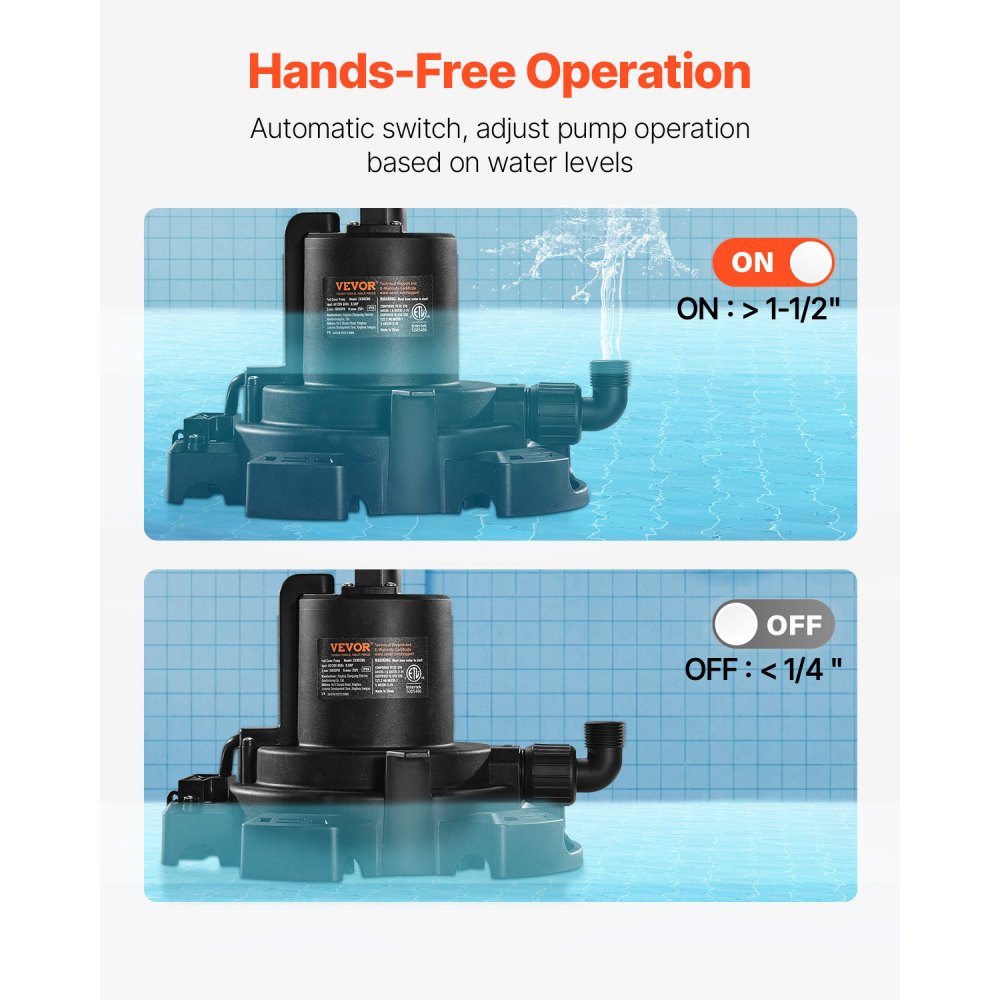 Bomba automática para cubiertas de piscina VEVOR, 1/2 HP, 1600 GPH, 120 V, sumergible, con cable de alimentación de 7,6 m, elevación máxima de 7,6 m, bomba de extracción y transferencia de agua, para vaciado de piscinas y jacuzzis.