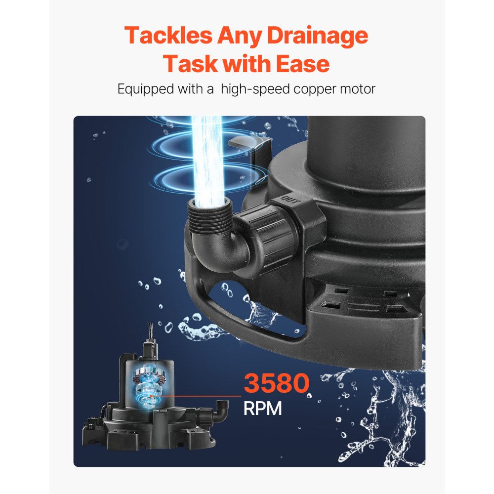 Bomba automática para cubiertas de piscina VEVOR, 1/2 HP, 1600 GPH, 120 V, sumergible, con cable de alimentación de 7,6 m, elevación máxima de 7,6 m, bomba de extracción y transferencia de agua, para vaciado de piscinas y jacuzzis.