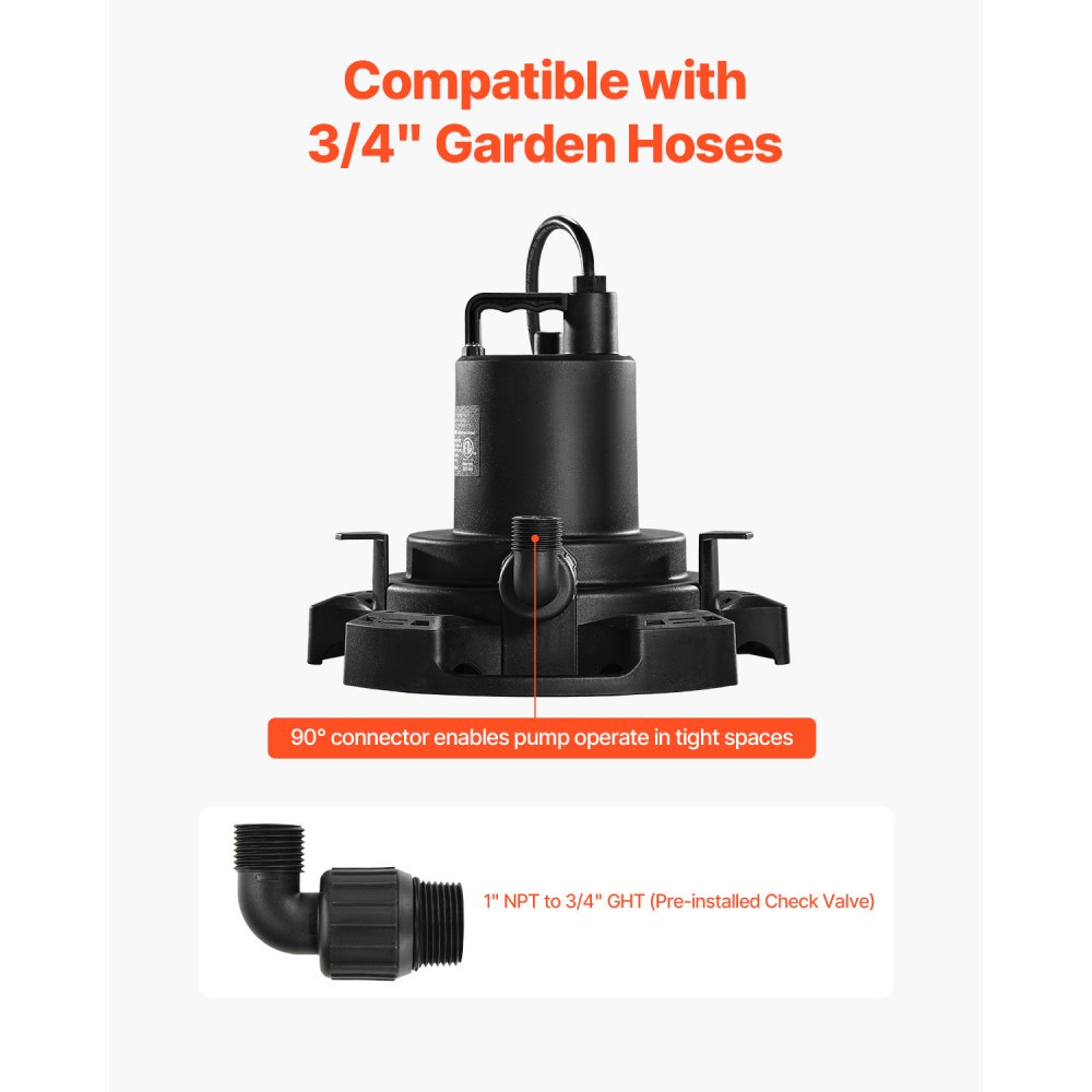 Bomba automática para cubiertas de piscina VEVOR, 1/2 HP, 1600 GPH, 120 V, sumergible, con cable de alimentación de 7,6 m, elevación máxima de 7,6 m, bomba de extracción y transferencia de agua, para vaciado de piscinas y jacuzzis.