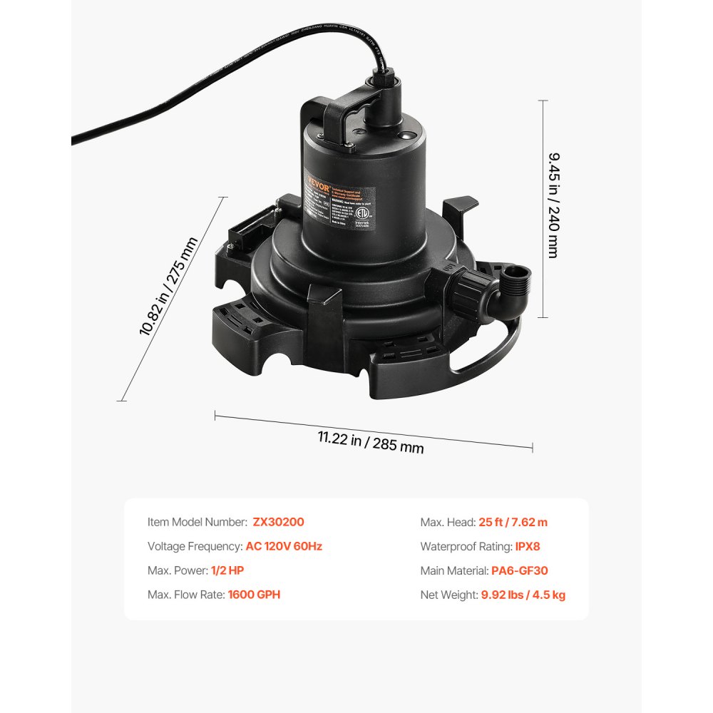 Bomba automática para cubiertas de piscina VEVOR, 1/2 HP, 1600 GPH, 120 V, sumergible, con cable de alimentación de 7,6 m, elevación máxima de 7,6 m, bomba de extracción y transferencia de agua, para vaciado de piscinas y jacuzzis.