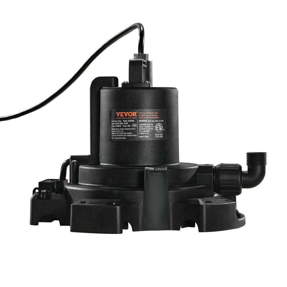 Bomba automática para cubiertas de piscina VEVOR, 1/2 HP, 1600 GPH, 120 V, sumergible, con cable de alimentación de 7,6 m, elevación máxima de 7,6 m, bomba de extracción y transferencia de agua, para vaciado de piscinas y jacuzzis.