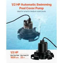 Bomba sumergible automática para cubierta de piscina, 1/2 HP, 1600 GPH, cable de 25 pies