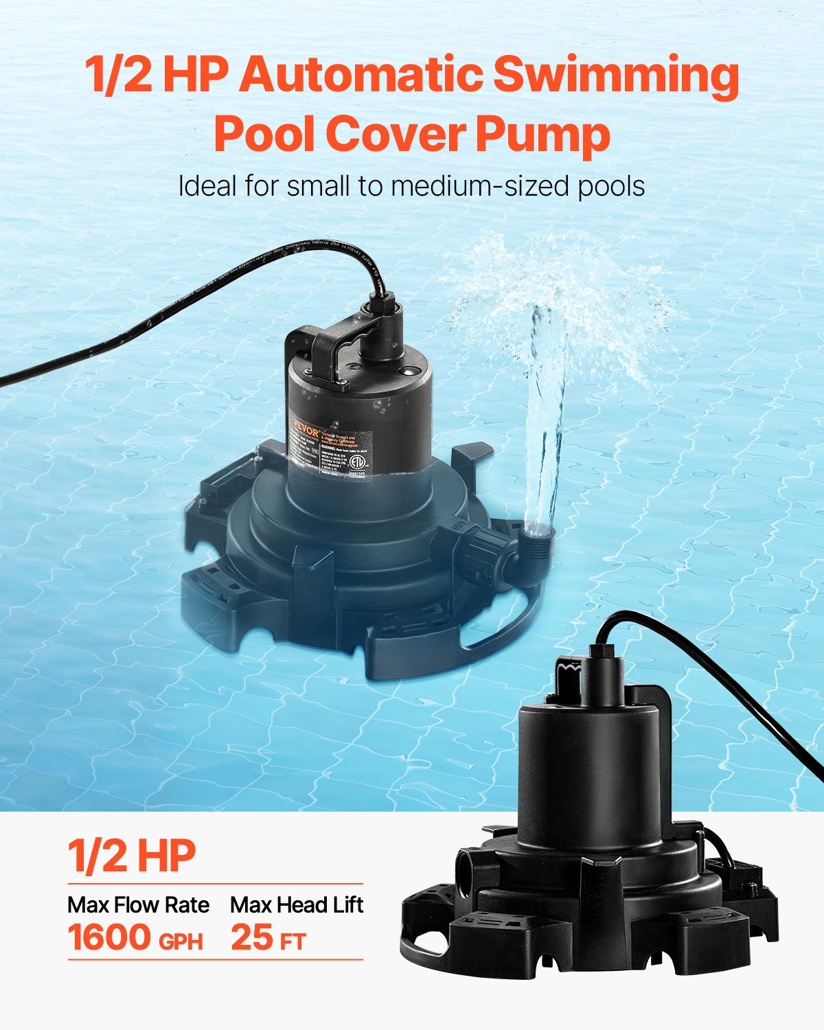 Bomba automática para cubiertas de piscina VEVOR, 1/2 HP, 1600 GPH, 120 V, sumergible, con cable de alimentación de 7,6 m, elevación máxima de 7,6 m, bomba de extracción y transferencia de agua, para vaciado de piscinas y jacuzzis.