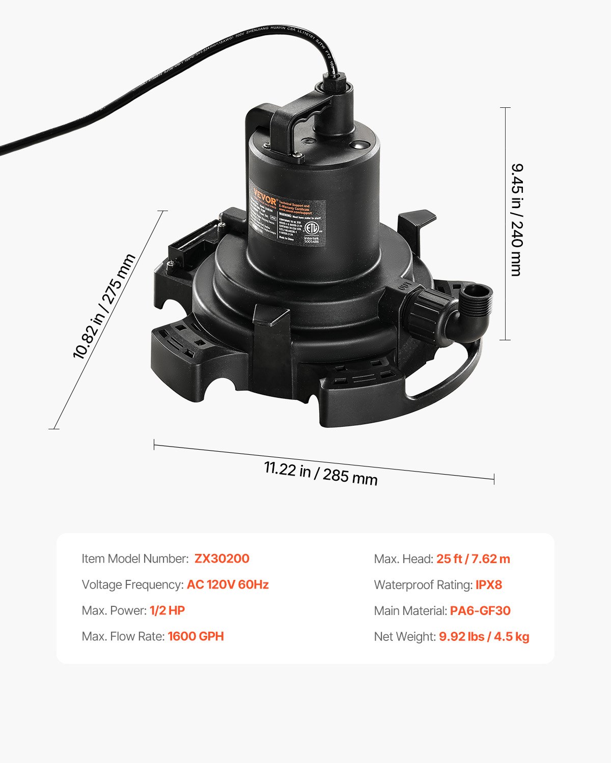 Bomba automática para cubiertas de piscina VEVOR, 1/2 HP, 1600 GPH, 120 V, sumergible, con cable de alimentación de 7,6 m, elevación máxima de 7,6 m, bomba de extracción y transferencia de agua, para vaciado de piscinas y jacuzzis.