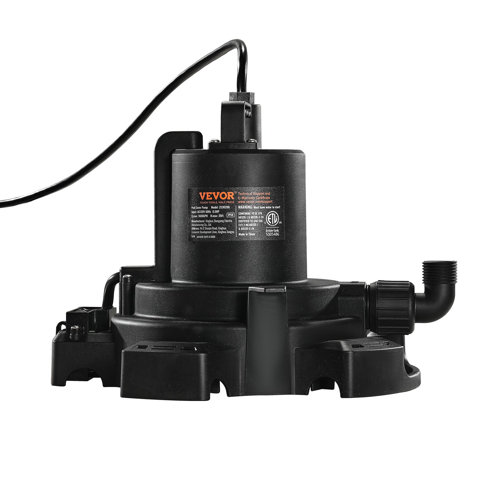 Bomba automática para cubiertas de piscina VEVOR, 1/2 HP, 1600 GPH, 120 V, sumergible, con cable de alimentación de 7,6 m, elevación máxima de 7,6 m, bomba de extracción y transferencia de agua, para vaciado de piscinas y jacuzzis.