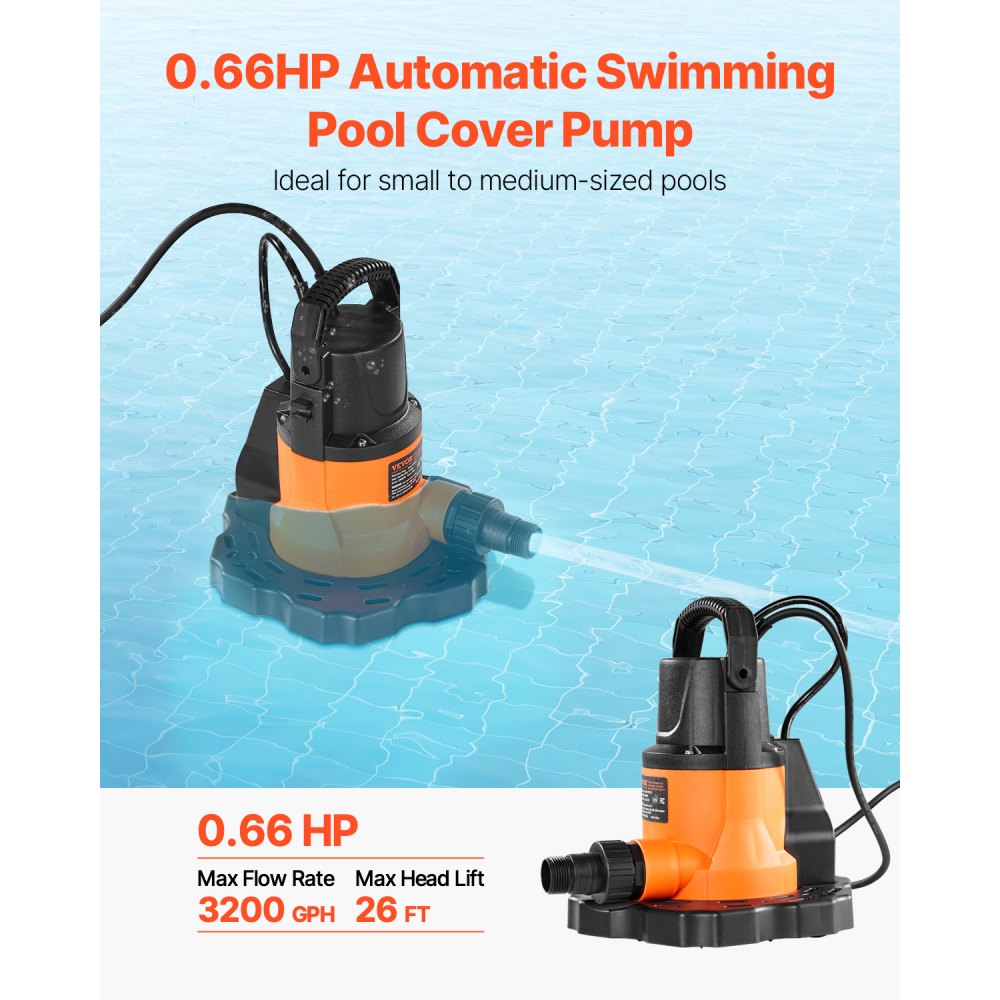Bomba automática para cubiertas de piscina VEVOR, 0,66 HP, 3200 GPH, 120 V, sumergible, con cable de alimentación de 7,6 m, altura máxima de elevación de 7,9 m, bomba de extracción y transferencia de agua para vaciar piscinas y jacuzzis.