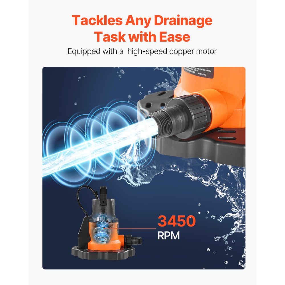 Bomba automática para cubiertas de piscina VEVOR, 0,66 HP, 3200 GPH, 120 V, sumergible, con cable de alimentación de 7,6 m, altura máxima de elevación de 7,9 m, bomba de extracción y transferencia de agua para vaciar piscinas y jacuzzis.