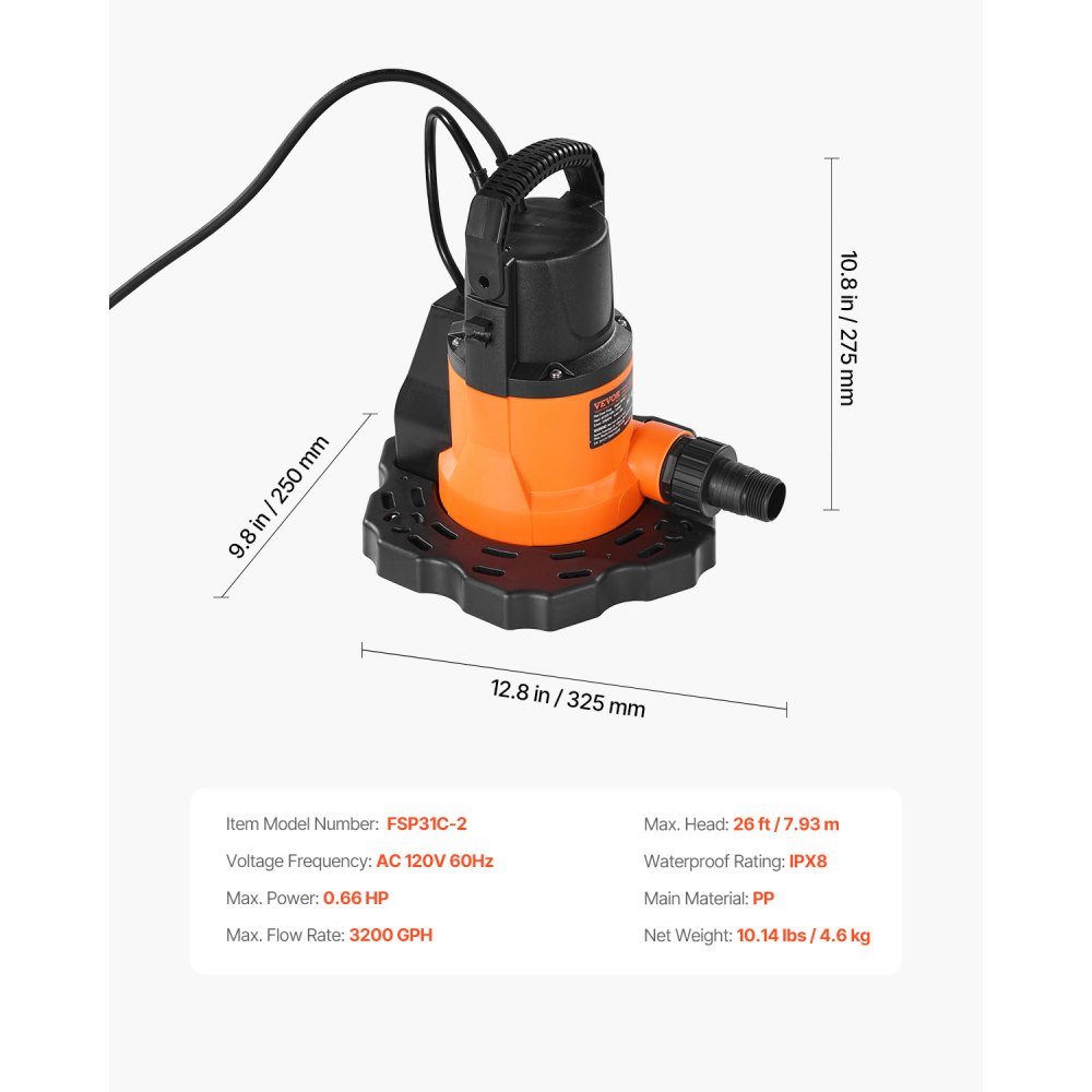 Bomba automática para cubiertas de piscina VEVOR, 0,66 HP, 3200 GPH, 120 V, sumergible, con cable de alimentación de 7,6 m, altura máxima de elevación de 7,9 m, bomba de extracción y transferencia de agua para vaciar piscinas y jacuzzis.
