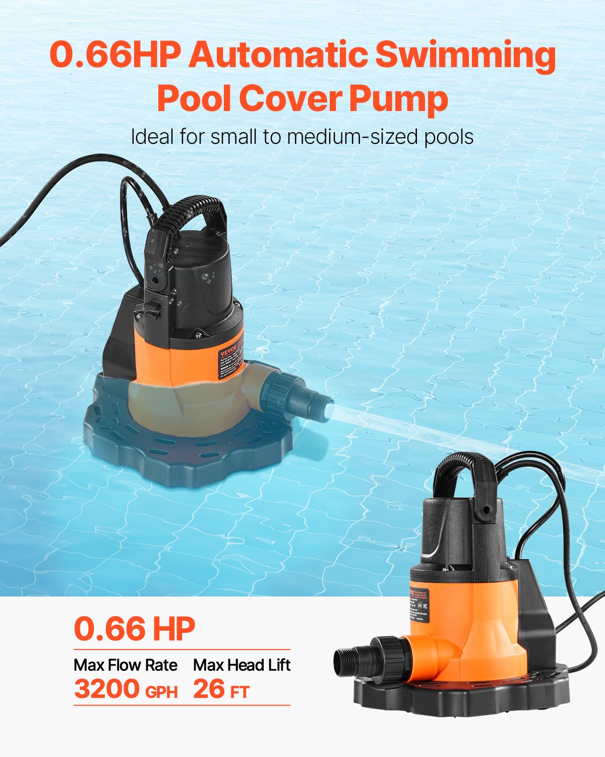Bomba automática para cubiertas de piscina VEVOR, 0,66 HP, 3200 GPH, 120 V, sumergible, con cable de alimentación de 7,6 m, altura máxima de elevación de 7,9 m, bomba de extracción y transferencia de agua para vaciar piscinas y jacuzzis.