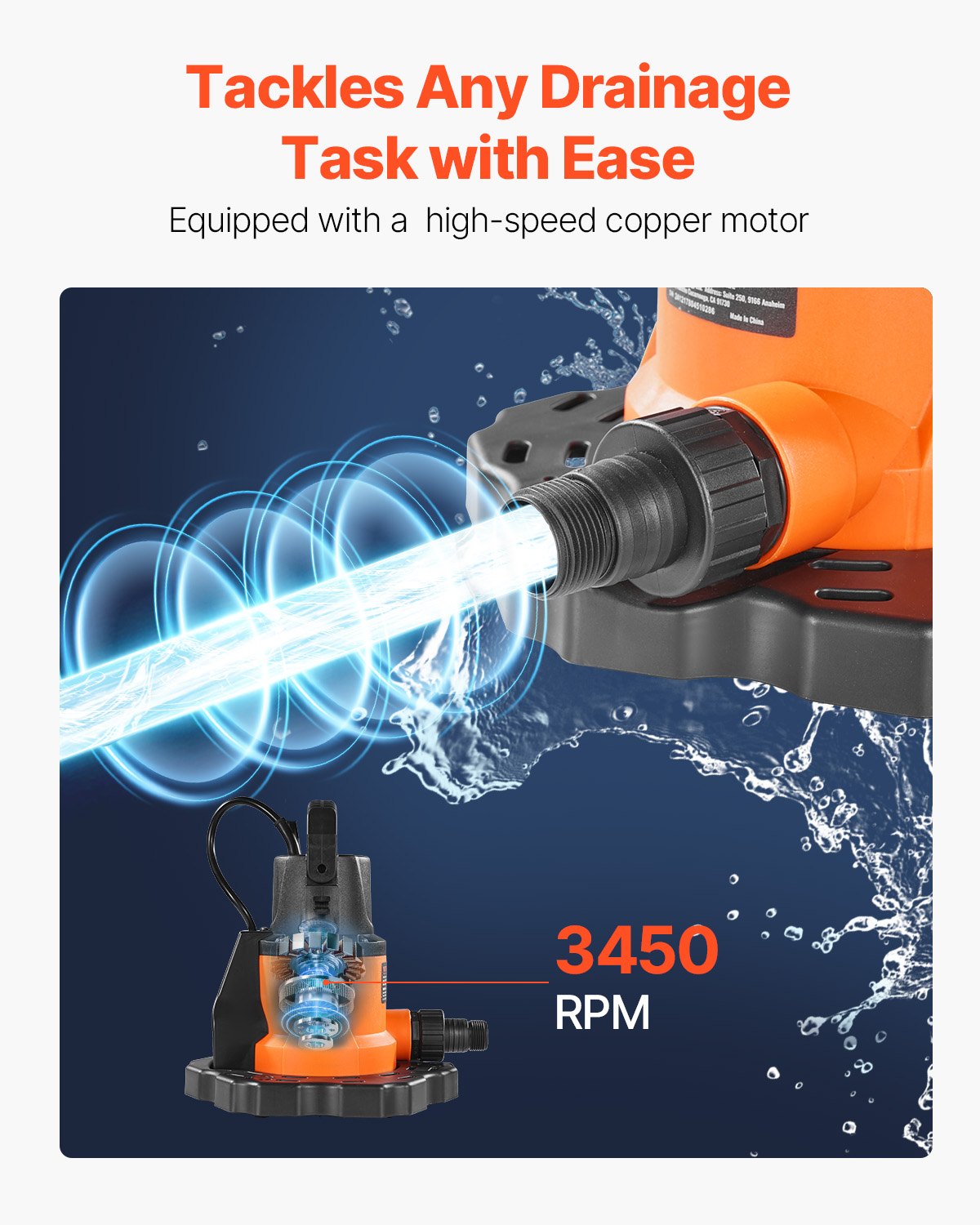 Bomba automática para cubiertas de piscina VEVOR, 0,66 HP, 3200 GPH, 120 V, sumergible, con cable de alimentación de 7,6 m, altura máxima de elevación de 7,9 m, bomba de extracción y transferencia de agua para vaciar piscinas y jacuzzis.
