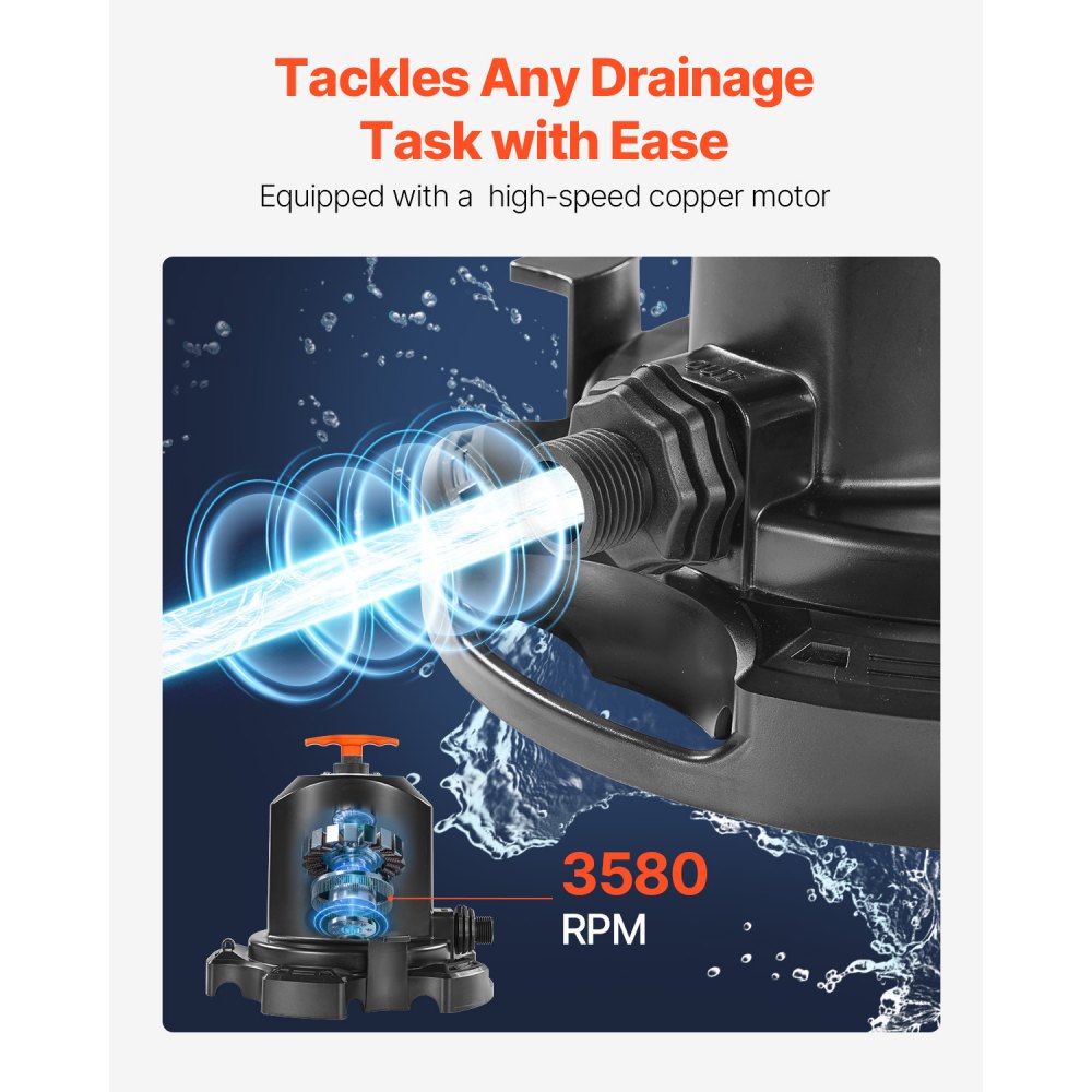 Bomba para cubierta de piscina VEVOR, 1/2 HP, 1575 GPH, 120 V, sumergible, con cable de alimentación de 7,6 m, elevación máxima de 7,3 m, para drenaje de piscinas y parques acuáticos inflables.