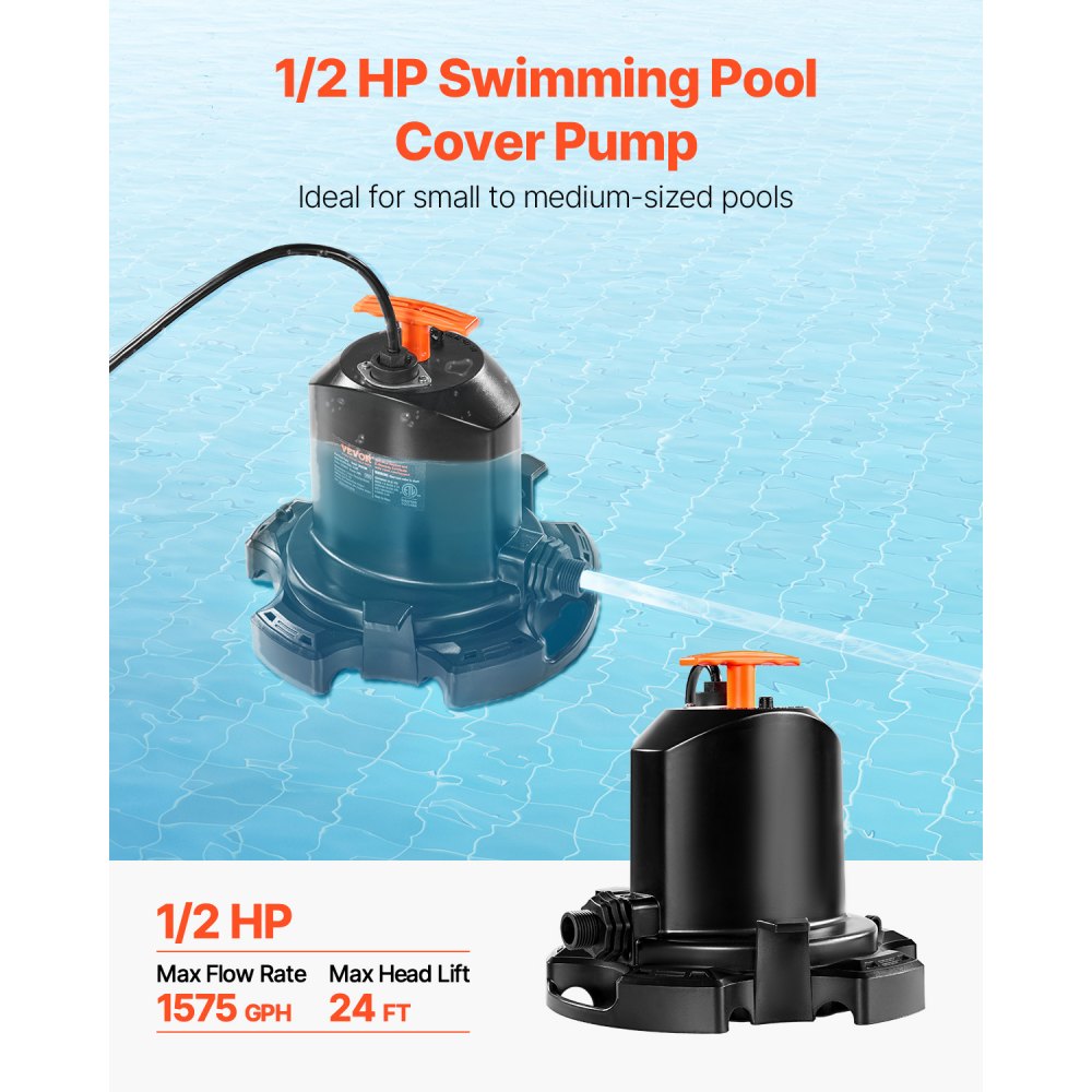 Bomba para cubierta de piscina VEVOR, 1/2 HP, 1575 GPH, 120 V, sumergible, con cable de alimentación de 7,6 m, elevación máxima de 7,3 m, para drenaje de piscinas y parques acuáticos inflables.