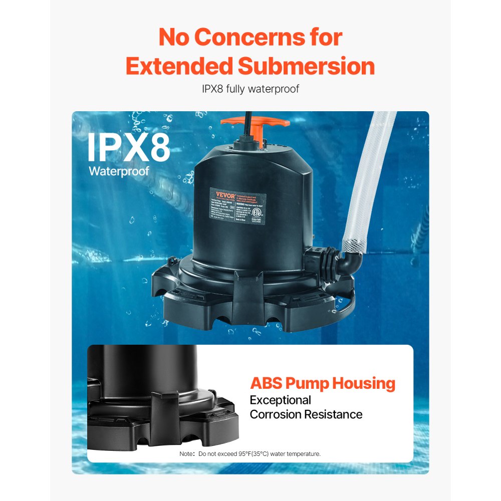 Bomba para cubierta de piscina VEVOR, 1/2 HP, 1575 GPH, 120 V, sumergible, con cable de alimentación de 7,6 m, elevación máxima de 7,3 m, para drenaje de piscinas y parques acuáticos inflables.