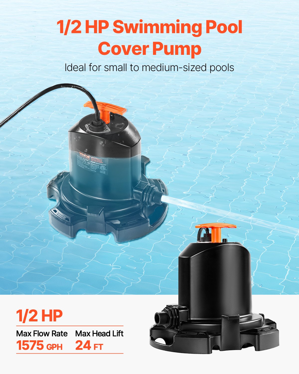 Bomba para cubierta de piscina VEVOR, 1/2 HP, 1575 GPH, 120 V, sumergible, con cable de alimentación de 7,6 m, elevación máxima de 7,3 m, para drenaje de piscinas y parques acuáticos inflables.