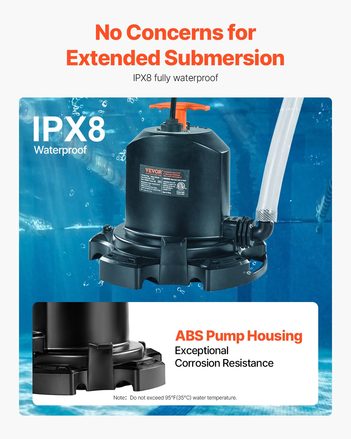 Bomba para cubierta de piscina VEVOR, 1/2 HP, 1575 GPH, 120 V, sumergible, con cable de alimentación de 7,6 m, elevación máxima de 7,3 m, para drenaje de piscinas y parques acuáticos inflables.