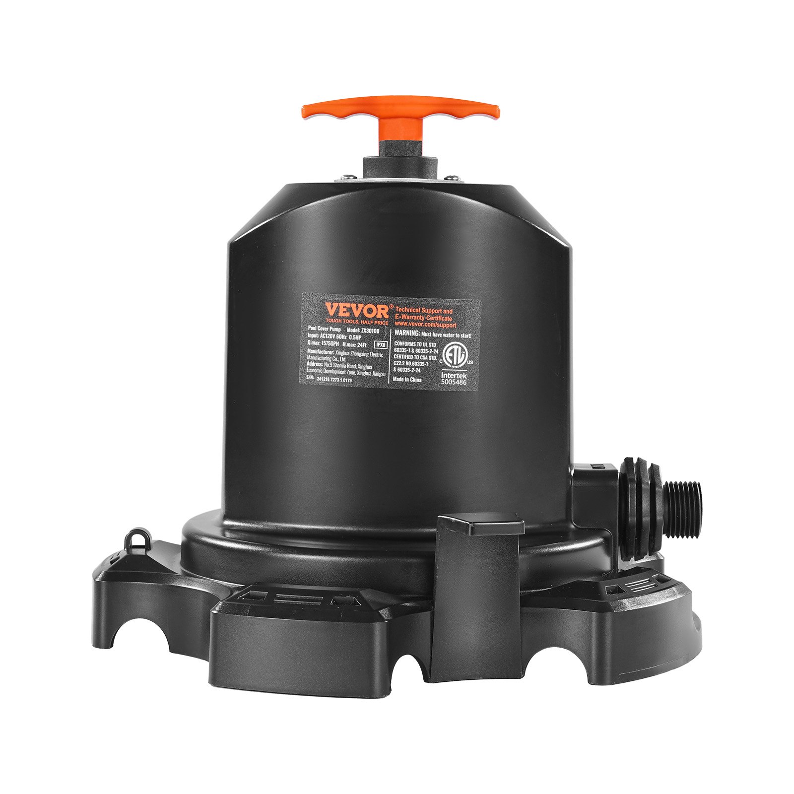 Bomba para cubierta de piscina VEVOR, 1/2 HP, 1575 GPH, 120 V, sumergible, con cable de alimentación de 7,6 m, elevación máxima de 7,3 m, para drenaje de piscinas y parques acuáticos inflables.