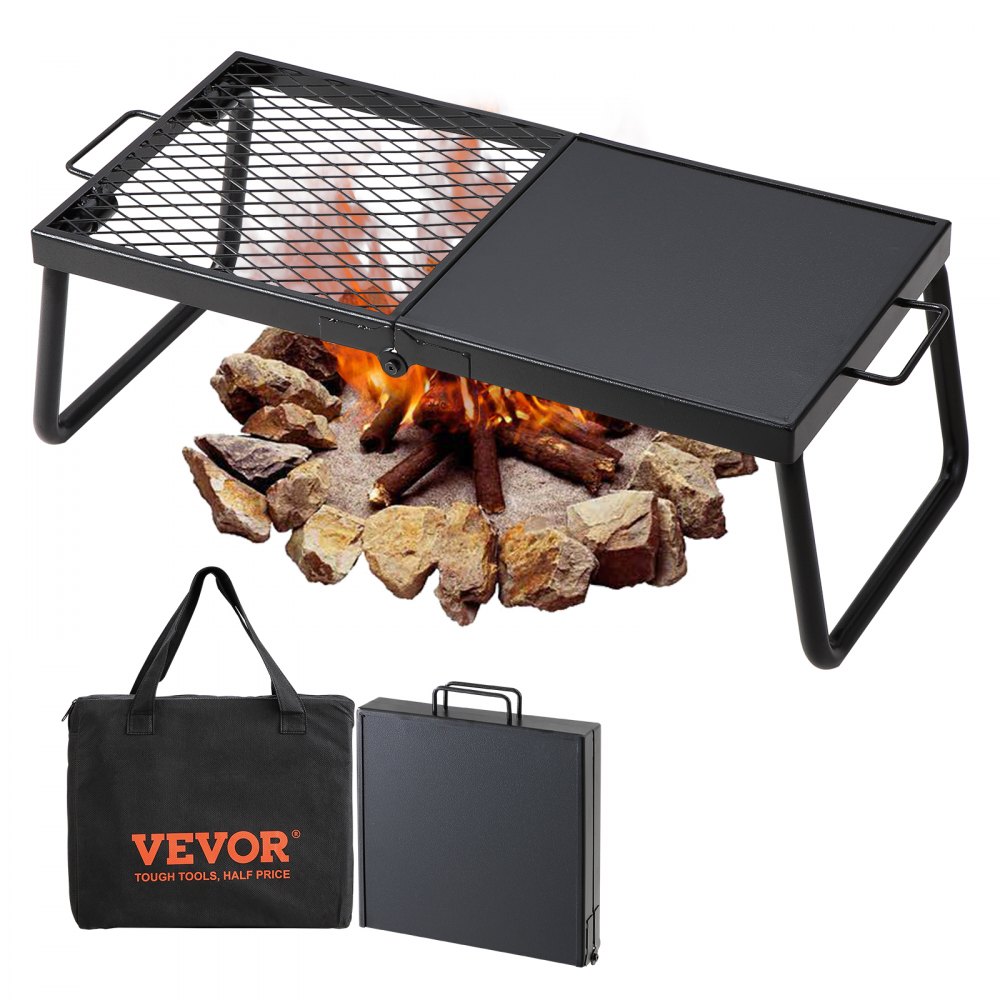 VEVOR Parrilla plegable para fogatas, rejilla de malla de acero resistente, rejillas portátiles para acampar de 22,4 pulgadas sobre hoguera, equipo de cocina para fogatas con bolsa de transporte para patas, parrilla para cocinar con llama abierta al aire libre