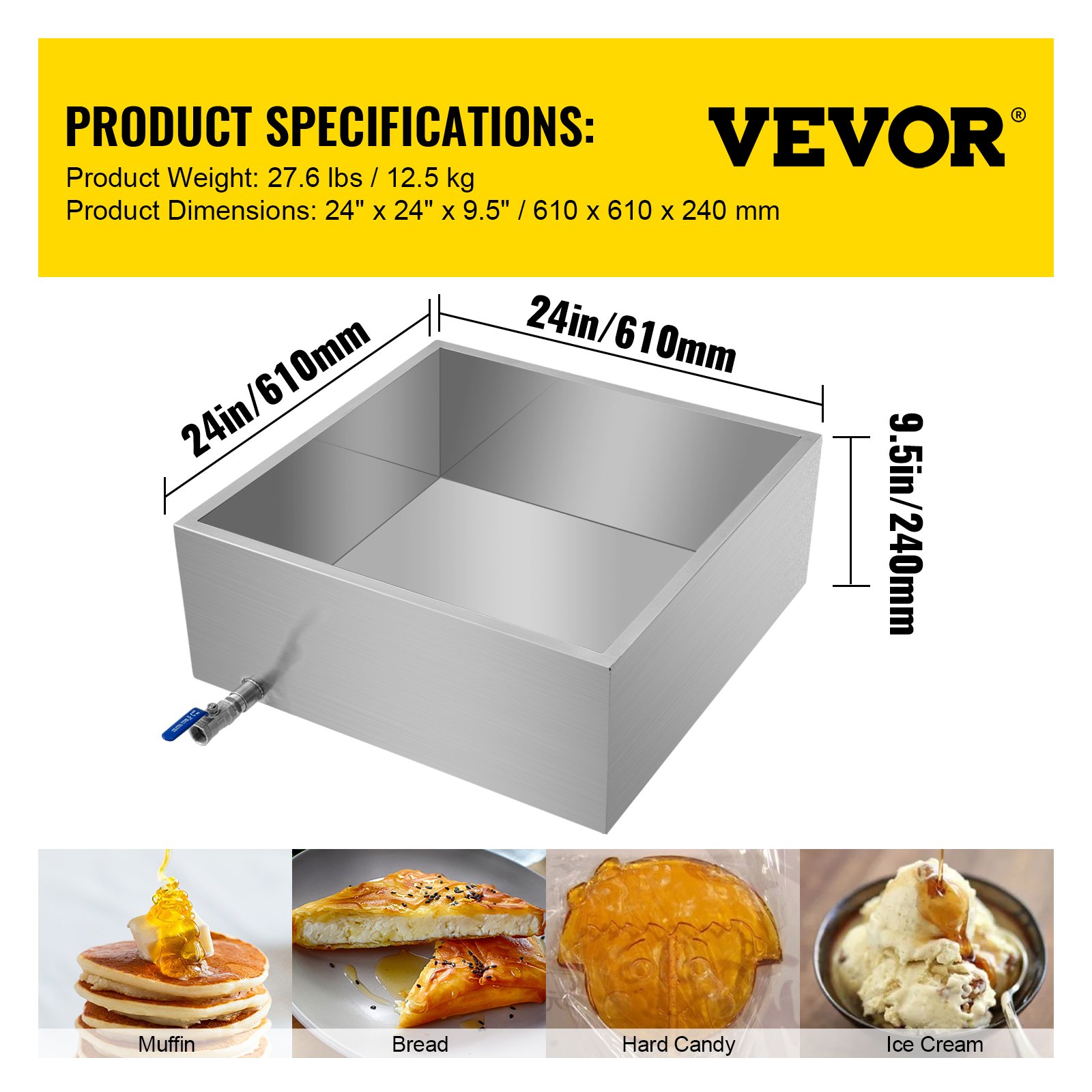 Bandeja evaporadora de jarabe de arce VEVOR con dimensiones de 24&quot; x 24&quot; x 9,5&quot;, pesa 27,6 libras.