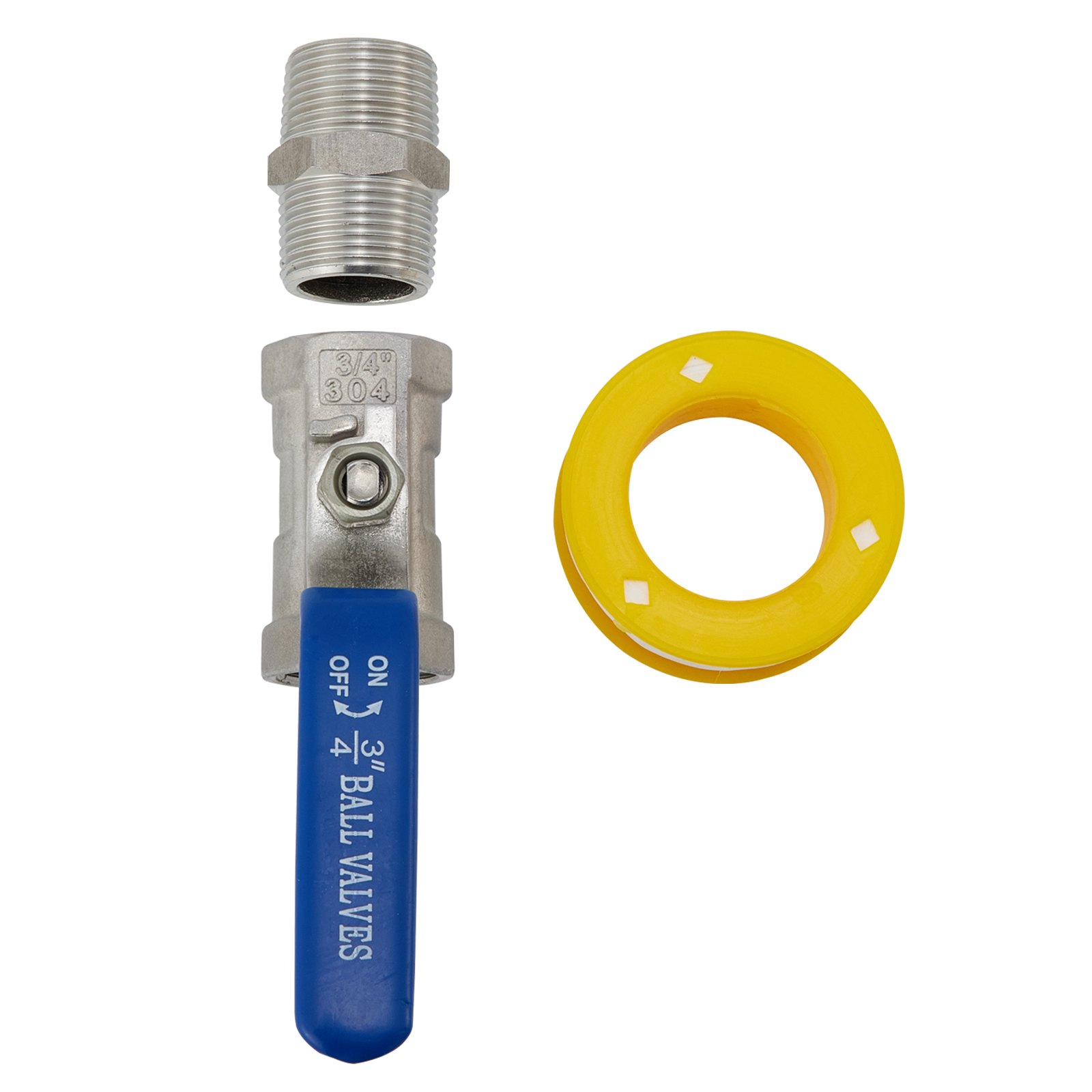 Kit de válvula de bola para bandeja evaporadora de jarabe de arce VEVOR con manija azul y junta amarilla.