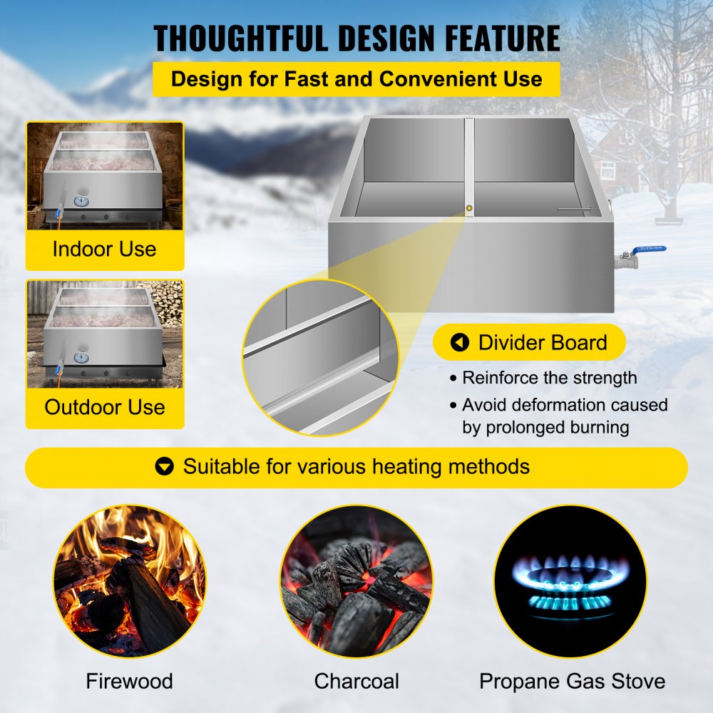 Bandeja evaporadora de jarabe de arce VEVOR de 24 x 24 x 9,4 pulgadas, de acero inoxidable, con válvula, termómetro y bandeja dividida.