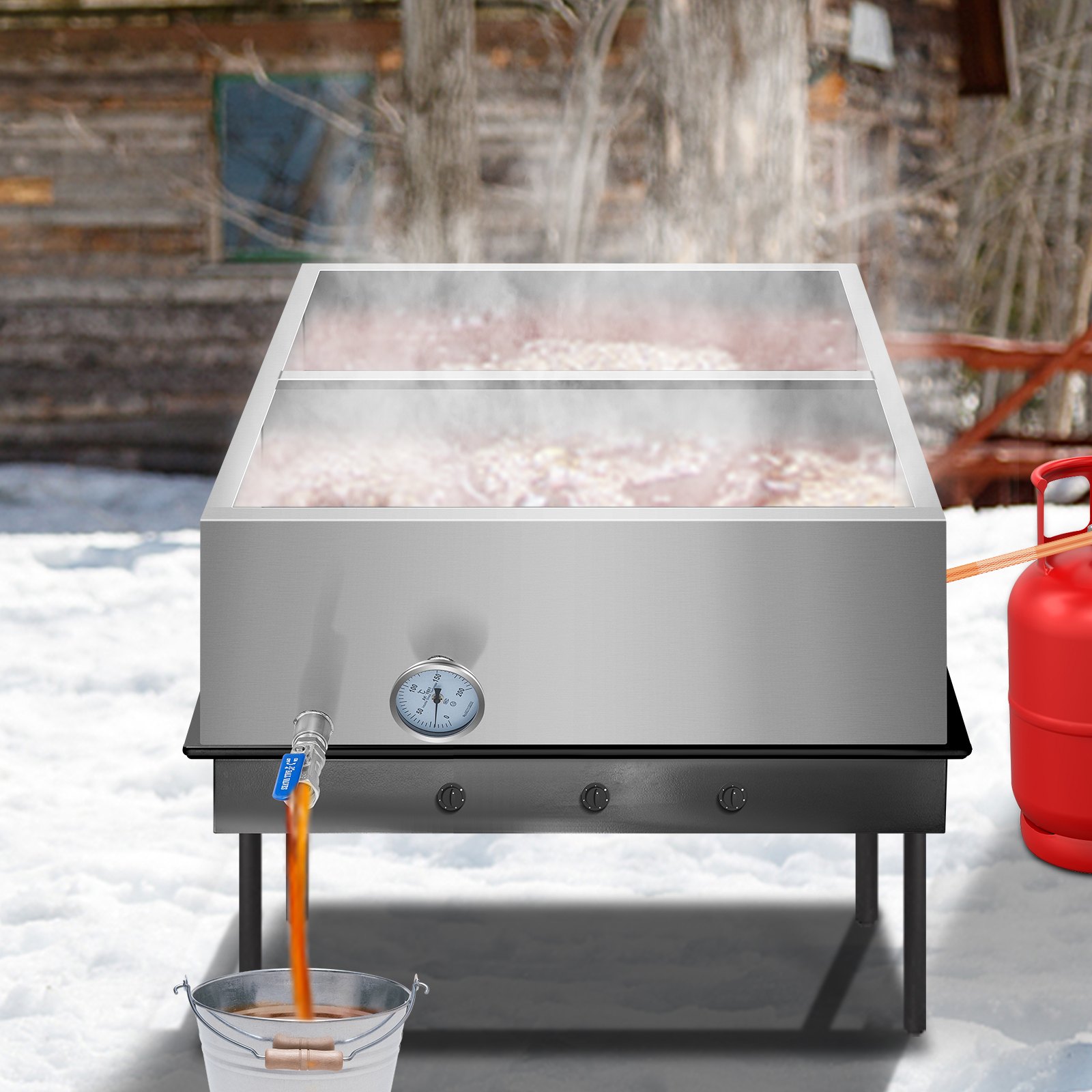 Bandeja evaporadora de jarabe de arce VEVOR de 24 x 24 x 9,4 pulgadas, de acero inoxidable, con válvula, termómetro y bandeja dividida.