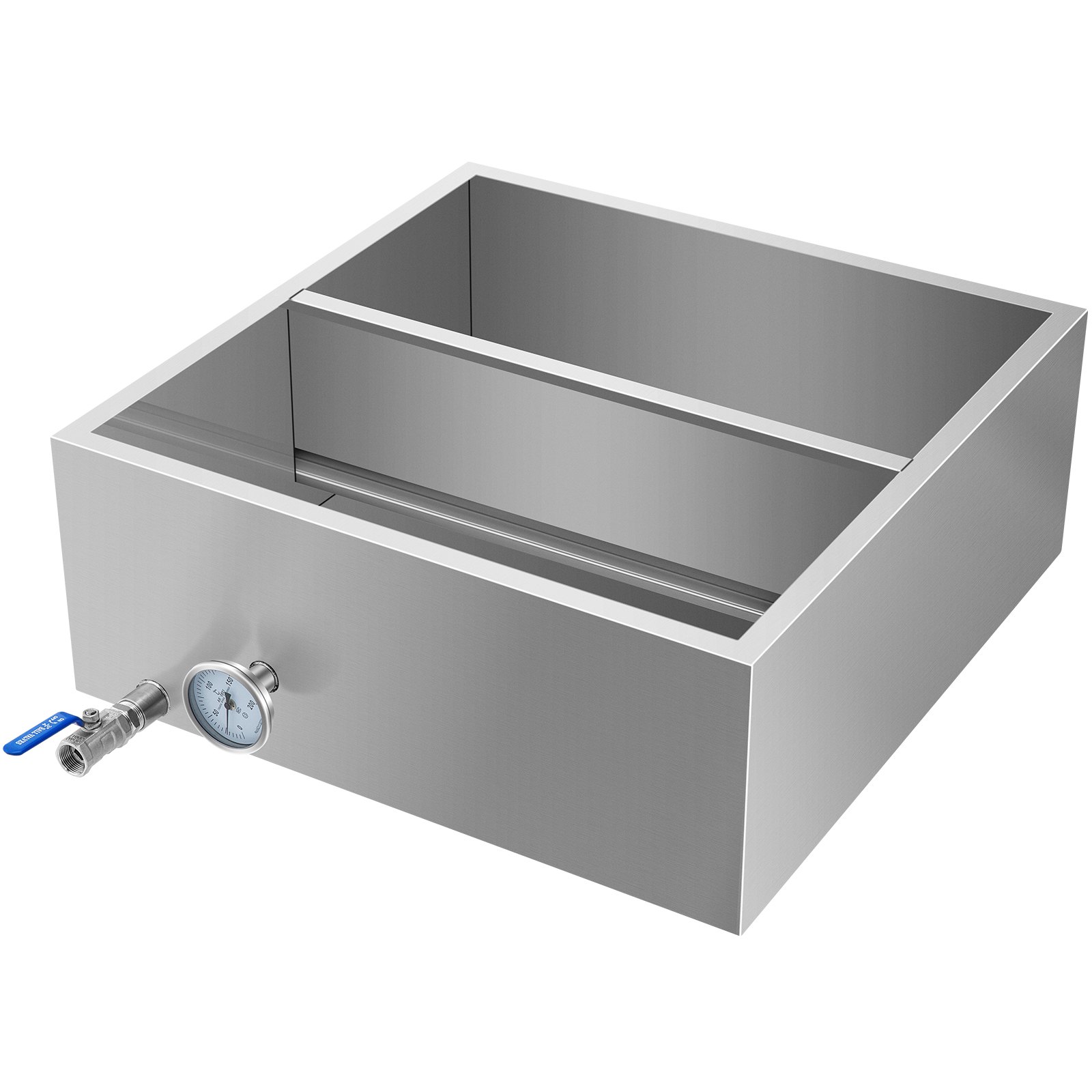 Bandeja evaporadora de jarabe de arce VEVOR de 24 x 24 x 9,4 pulgadas, de acero inoxidable, con válvula, termómetro y bandeja dividida.