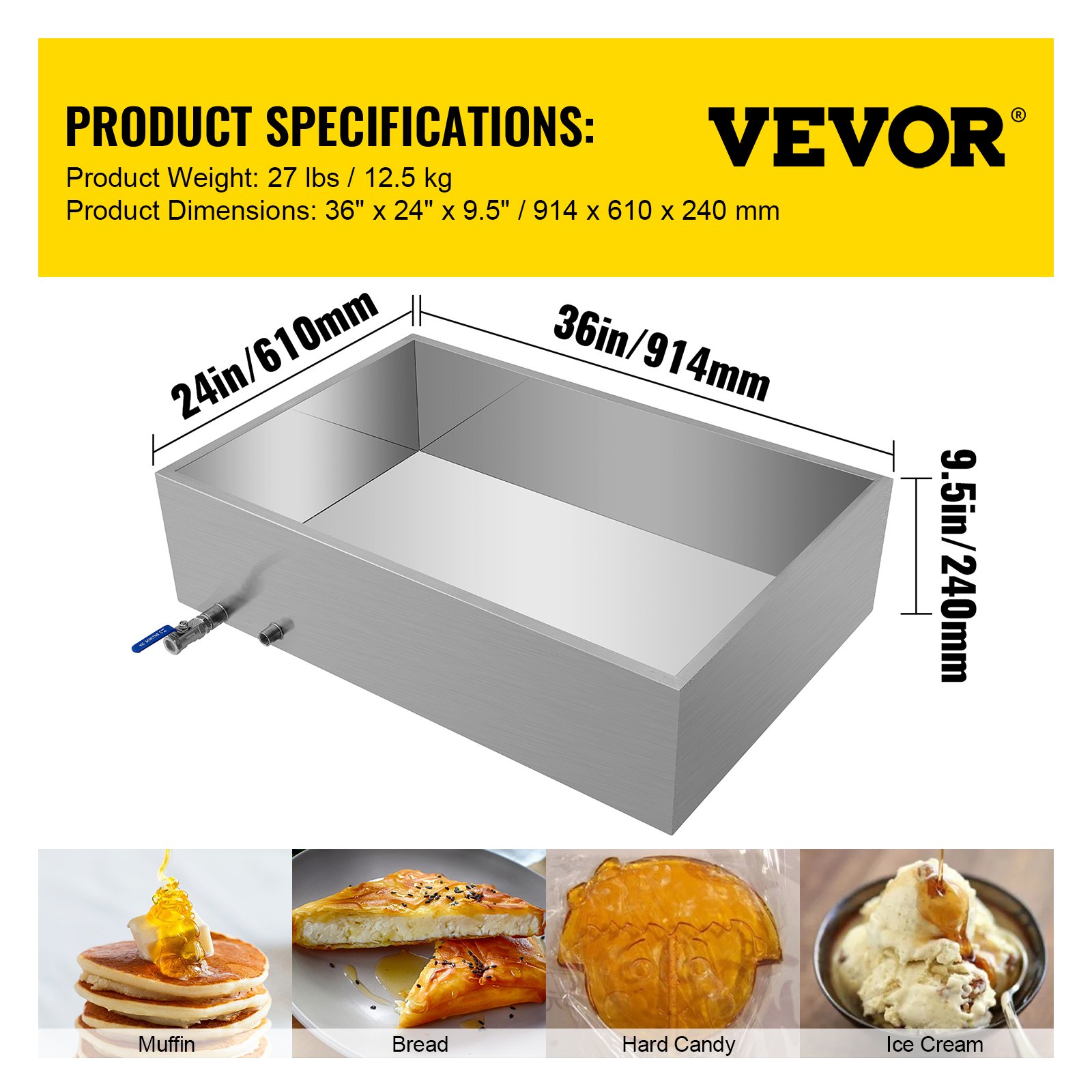 Bandeja evaporadora de jarabe de arce VEVOR de 36 x 24 x 9,5 pulgadas, de acero inoxidable, con válvula