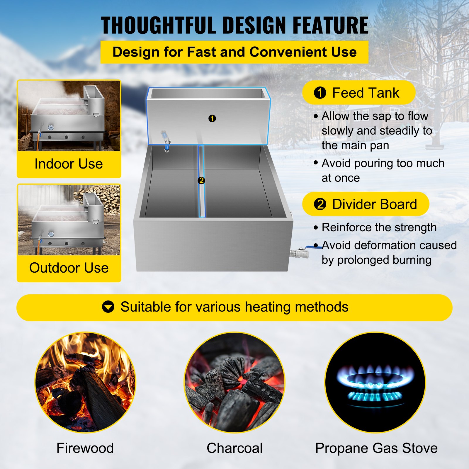 Bandeja evaporadora de jarabe de arce VEVOR de 36 x 24 x 18,5 pulgadas, de acero inoxidable, con válvula, termómetro, bandeja dividida y bandeja de alimentación.