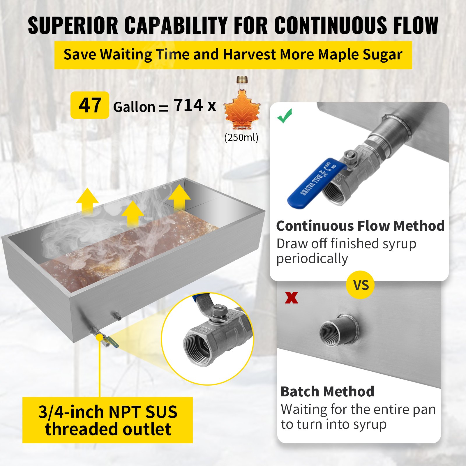 Bandeja evaporadora de jarabe de arce VEVOR de 48 x 24 x 9,5 pulgadas, de acero inoxidable, con válvula para hervir jarabe de arce.