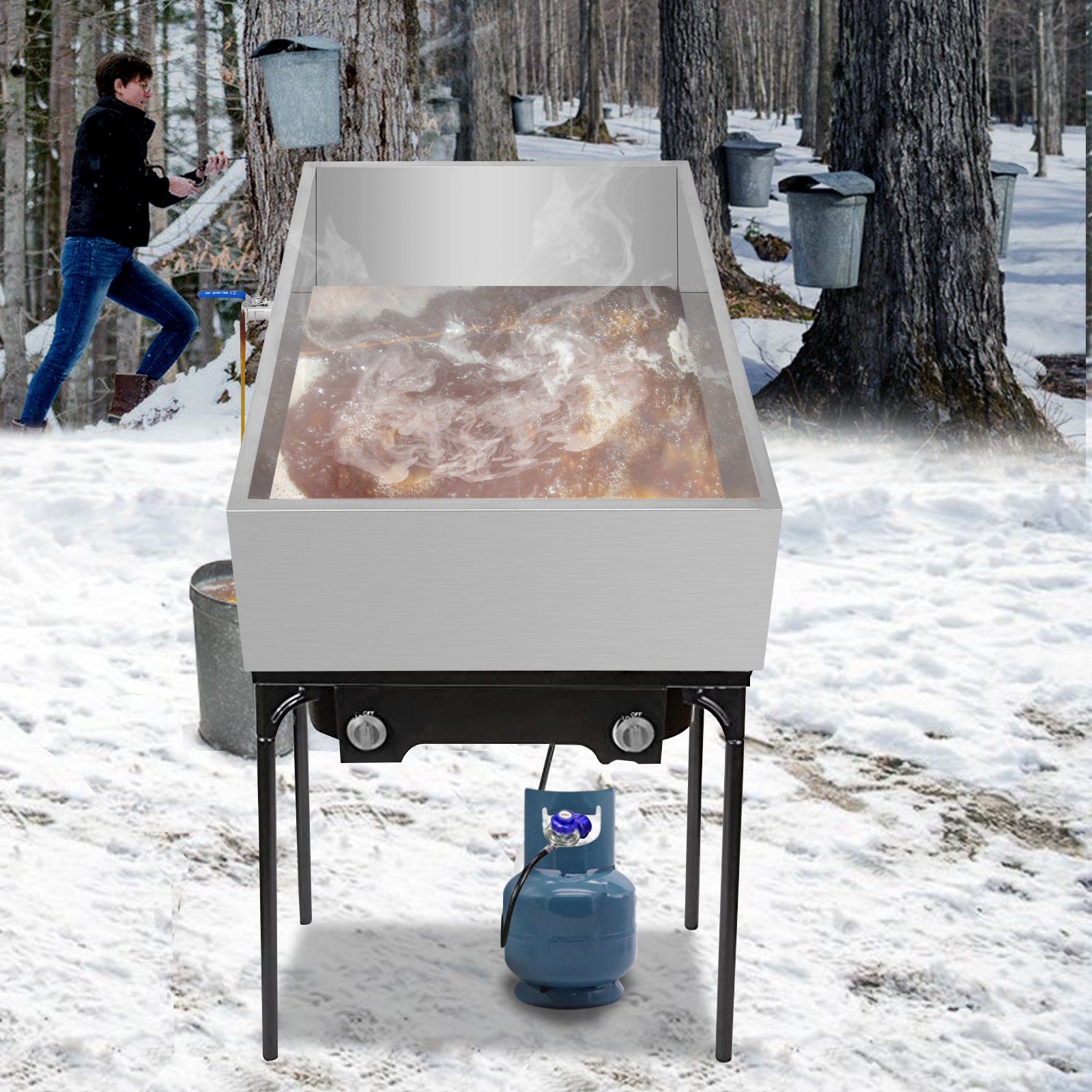 Bandeja evaporadora de jarabe de arce VEVOR de 48 x 24 x 9,5 pulgadas, de acero inoxidable, con válvula para hervir jarabe de arce.