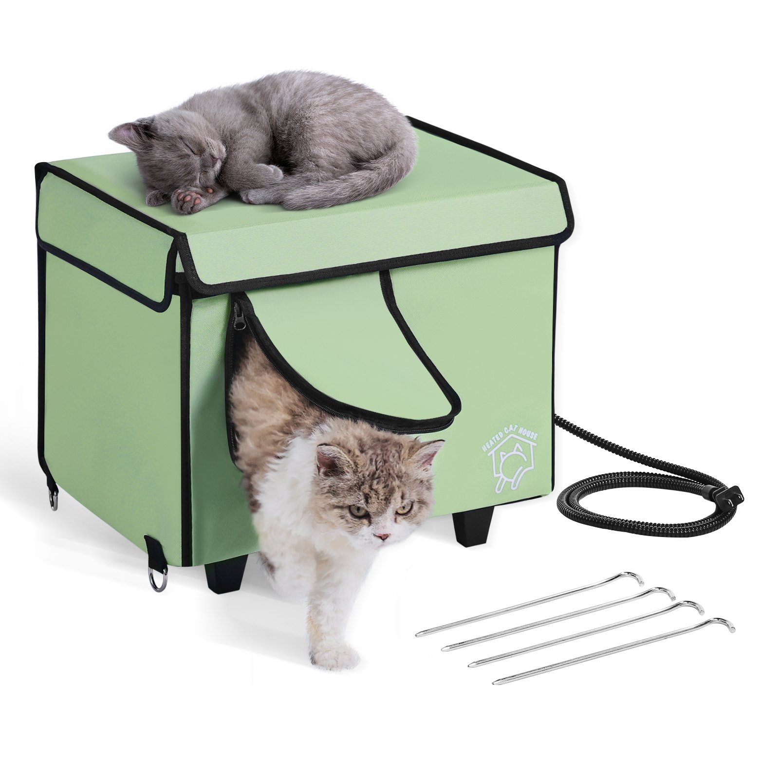 Casa elevada para gatos con calefacción VEVOR, refugio cúbico para gatos con almohadilla térmica, color verde (S)