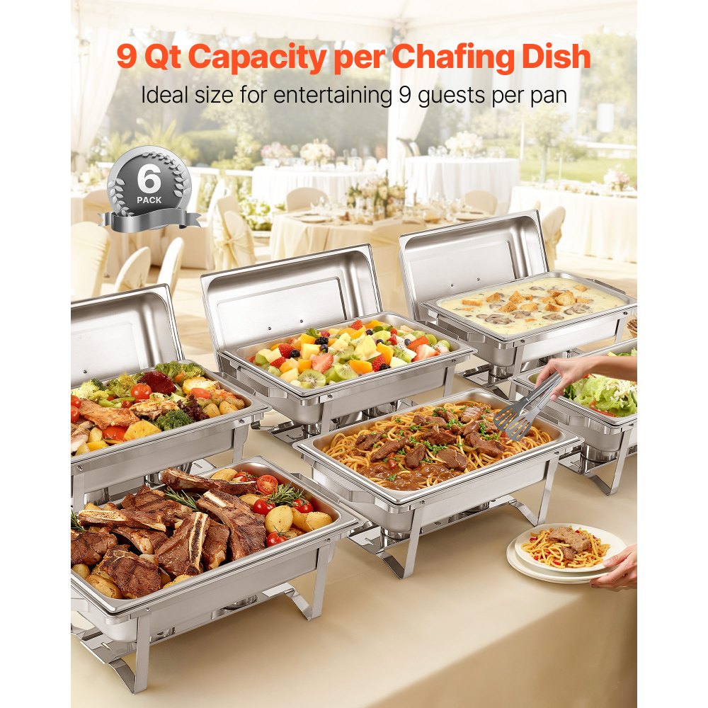 VEVOR Juego de Platos de Frotamiento Rectangulares 6 x 8,6 L, Calentador de Buffet de Acero Inoxidable de Grado Alimenticio, Calentador de Alimentos para Mantener Caliente para Bufé, Fiestas, Bodas