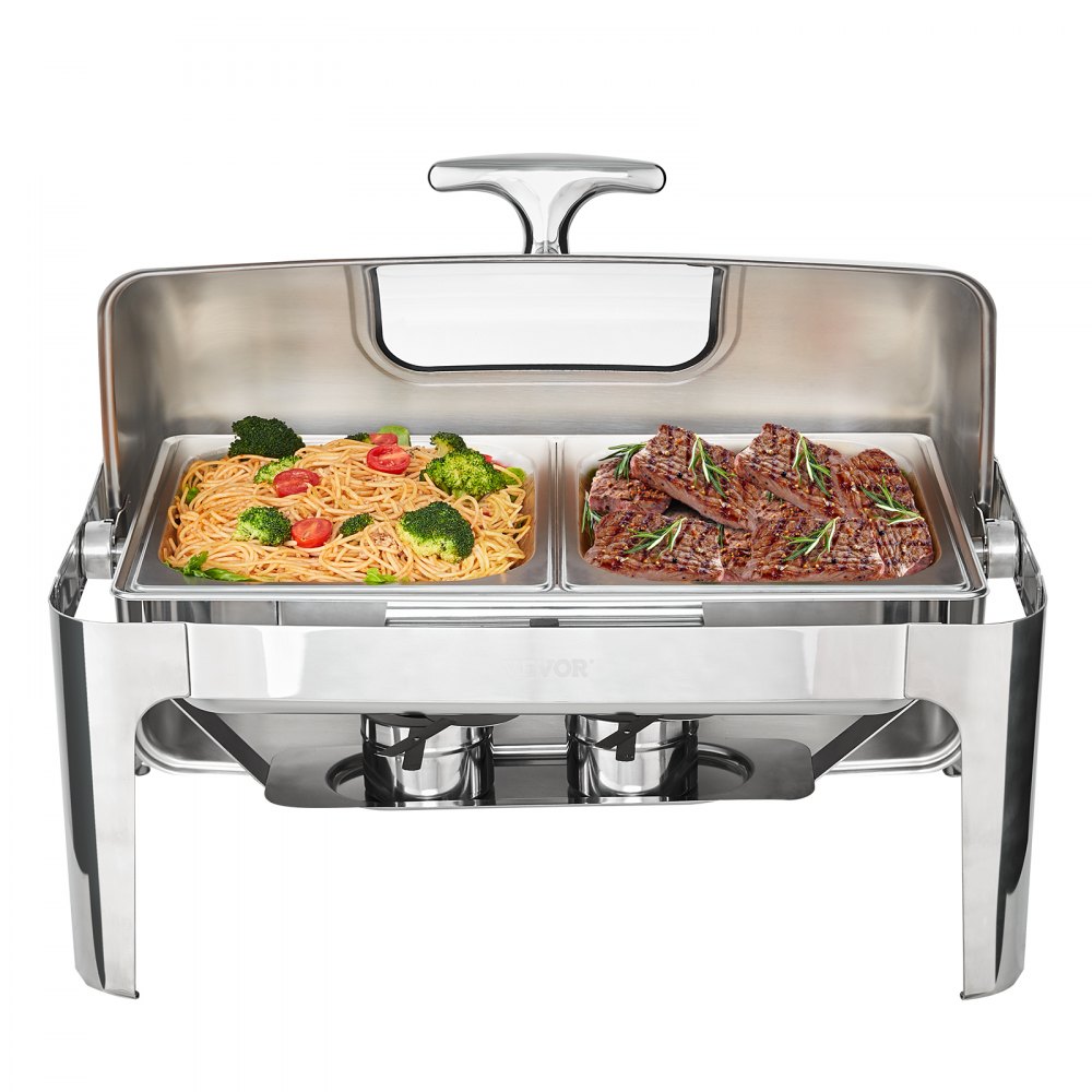 Chafing dish VEVOR con pasta, verduras y carne a la parrilla, acero inoxidable y quemadores de combustible dual.