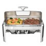 Chafing dish VEVOR con pasta, verduras y carne a la parrilla, acero inoxidable y quemadores de combustible dual.