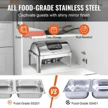 VEVOR Rectángulo Roll Top Chafing Dish con 9Qt Pan Tapa de vidrio visual Soporte de combustible