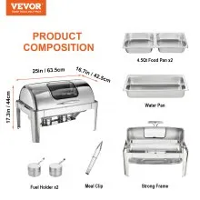 VEVOR Rectángulo Roll Top Chafing Dish con 9Qt Pan Tapa de vidrio visual Soporte de combustible