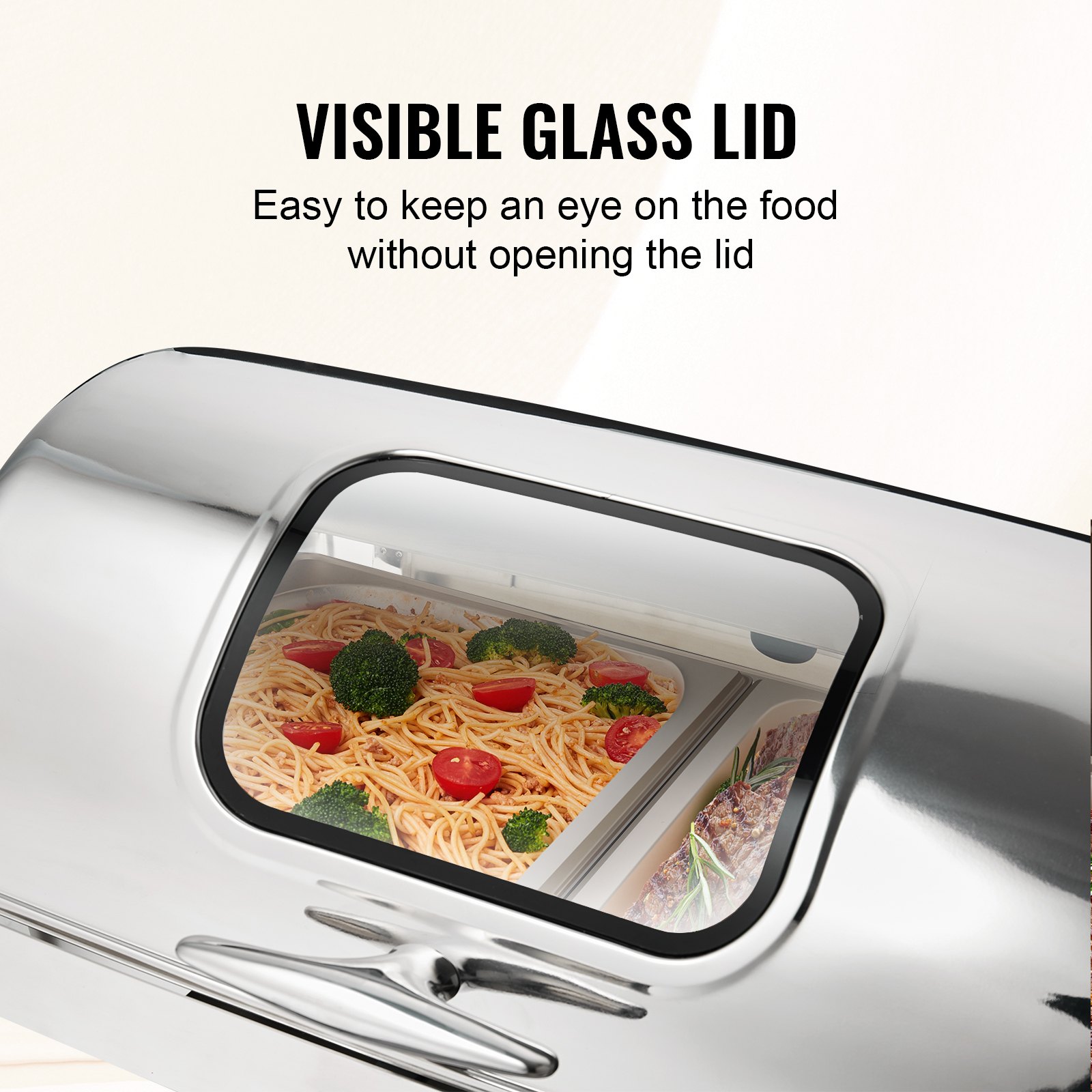 Plato para calentar VEVOR con tapa de vidrio visible que muestra pasta, tomates y brócoli en su interior.