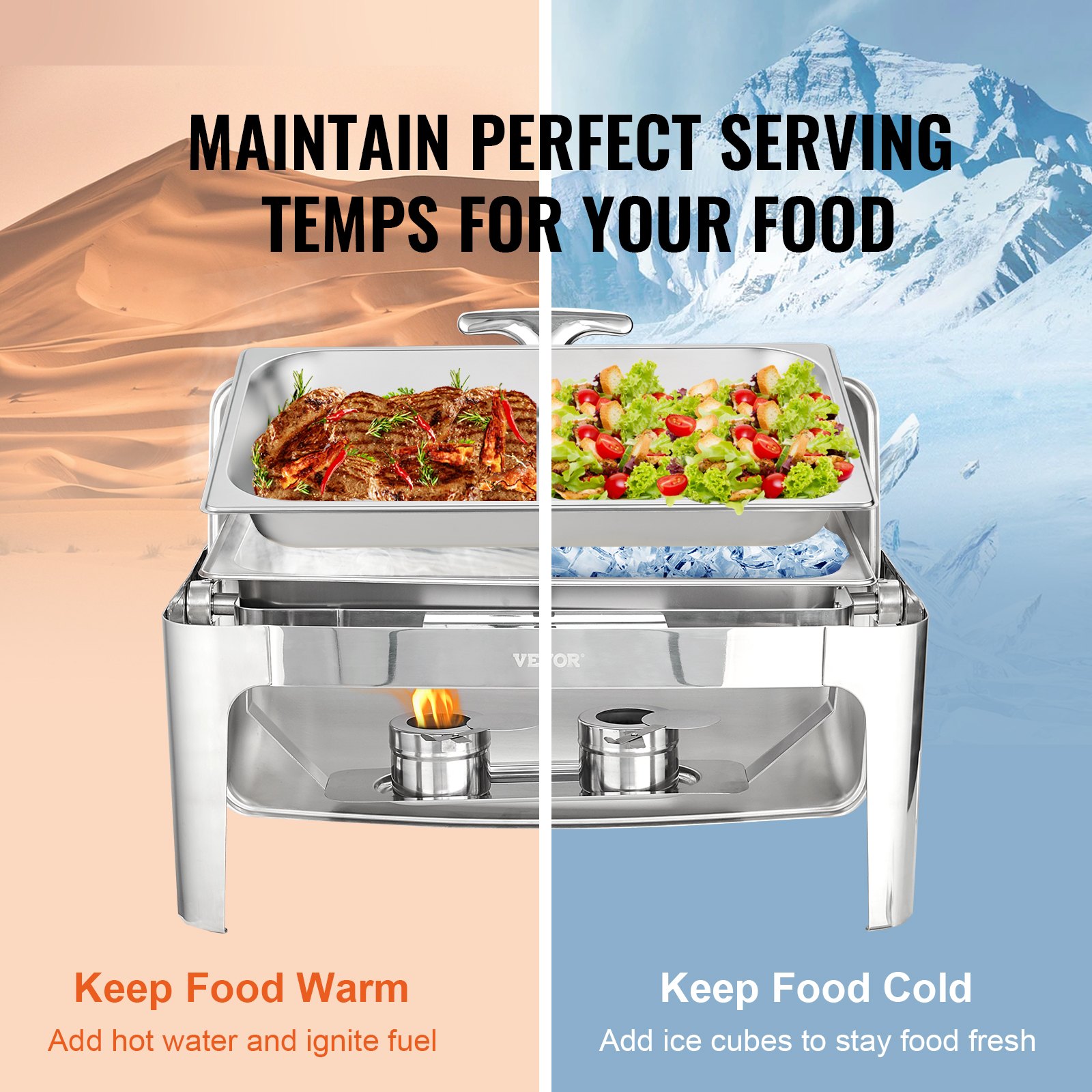 Plato para calentar alimentos VEVOR que muestra una doble funcionalidad para mantener la comida caliente con combustible y fría con cubitos de hielo.