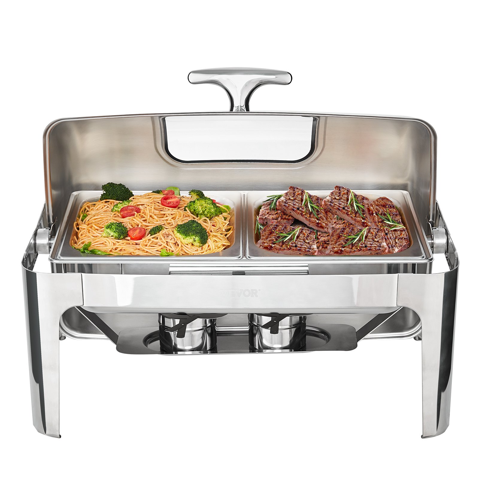Chafing dish VEVOR con pasta, verduras y carne a la parrilla, acero inoxidable y quemadores de combustible dual.