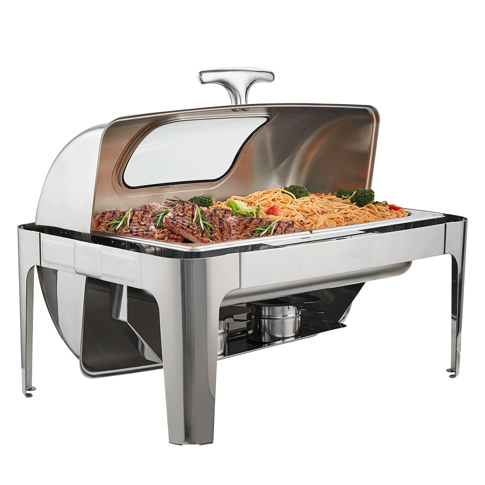 Chafing dish VEVOR con marco de acero inoxidable, tapa transparente, para exhibir fideos y carne a la parrilla.