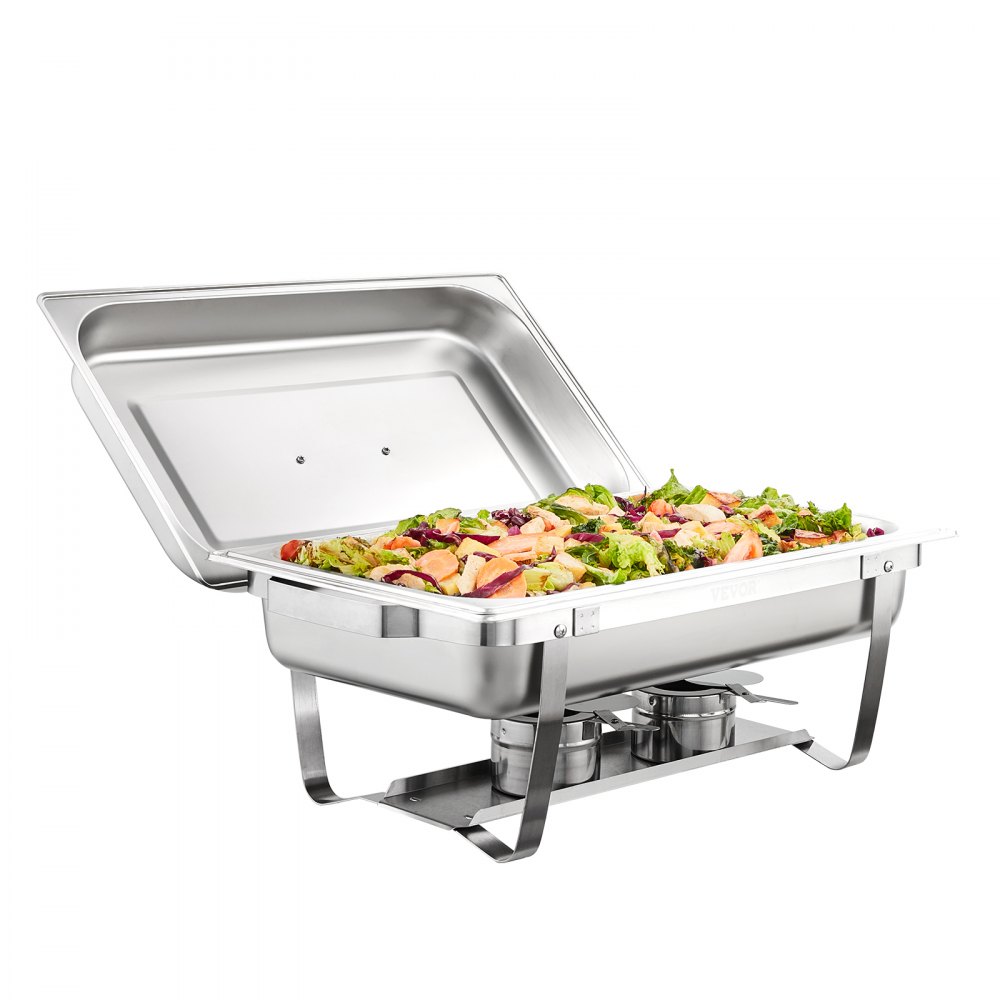 VEVOR Juego de buffet de platos para calentar alimentos, 8 cuartos de galón, paquete de 4, calentador de acero inoxidable con 4 bandejas de tamaño completo, servidor calentador rectangular para catering con tapa, bandeja de agua, soporte plegable, bandeja de combustible, soporte con clip para cuchara, al menos 8 personas cada uno
