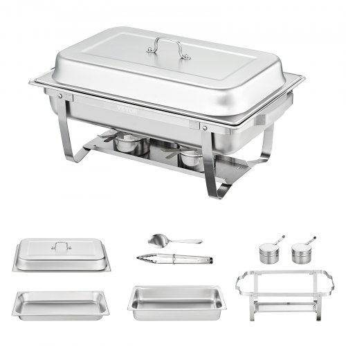 VEVOR Juego de bufé de platos de frotamiento, 8 cuartos de galón, paquete de 6, Chafer de acero inoxidable con 6 sartenes de tamaño completo, Servidor de calentador de catering rectangular con tapa Bandeja de agua Soporte plegable Soporte de combustible Bandeja Cuchara Clip, al menos 8 personas cada uno