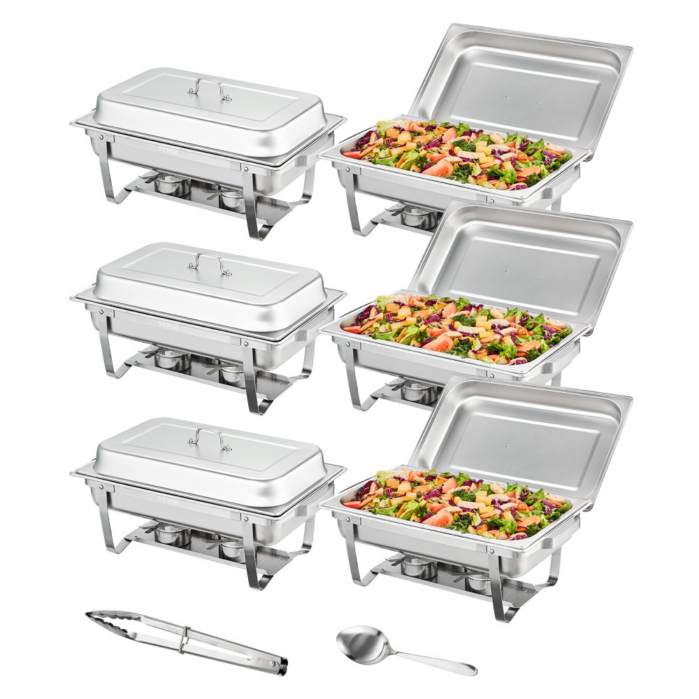 VEVOR Juego de bufé de platos de frotamiento, 8 cuartos de galón, paquete de 6, Chafer de acero inoxidable con 6 sartenes de tamaño completo, Servidor de calentador de catering rectangular con tapa Bandeja de agua Soporte plegable Soporte de combustible Bandeja Cuchara Clip, al menos 8 personas cada uno