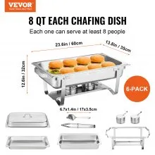 VEVOR Juego de bufé de platos de frotamiento, 8 cuartos de galón, paquete de 6, Chafer de acero inoxidable con 6 sartenes de tamaño completo, Servidor de calentador de catering rectangular con tapa Bandeja de agua Soporte plegable Soporte de combustible Bandeja Cuchara Clip, al menos 8 personas cada uno